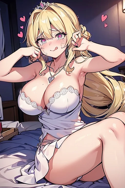 (Masterpiece: 1.4), (Best quality: 1.4), 8K, HD, ultra clear,1girl,(big breasts:1.4),blond hair,(Heart-shaped pupil:1.3),(Tongue out:1.2),scared:1.3,(cry:1.3),princess,Bare abdomen,White lace underwear,Skirt,(Looking up),night,bedroom,necklace,Messy clothes,long hair,
