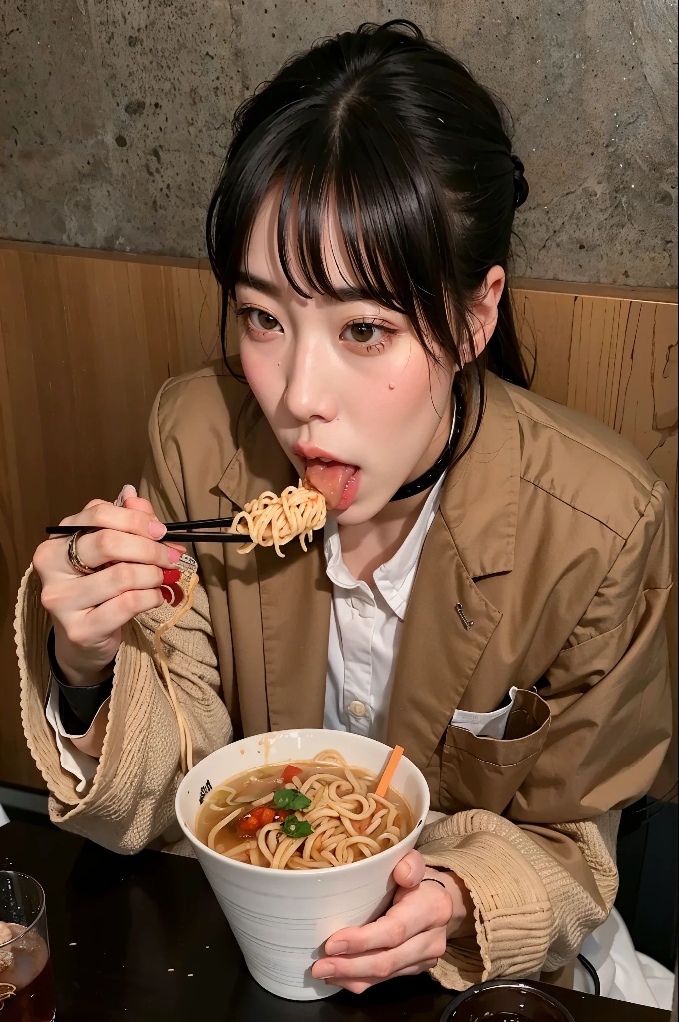 woman eating a bowl of noodles with chopsticks at a restaurant, eating noodles, eating ramen, mukbang, chiho, taehyung eating gucci fries, ❤🔥🍄🌪, shikamimi, eating, the hime cut, kim doyoung, taken in the early 2020s, miko, gongbi, harumi