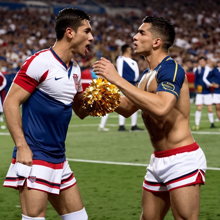 Capitan macho de futbol americano sumiso borracho y sin camisa, kissed and Abusado by a cheerleader gay man smaller, thinner y afeminado, bulto grande, desnudos, mostrando pectorales y abdominales completos,wet dreams, Big erection, besos, porno gay, fondled, Abusado, hiperrealismo