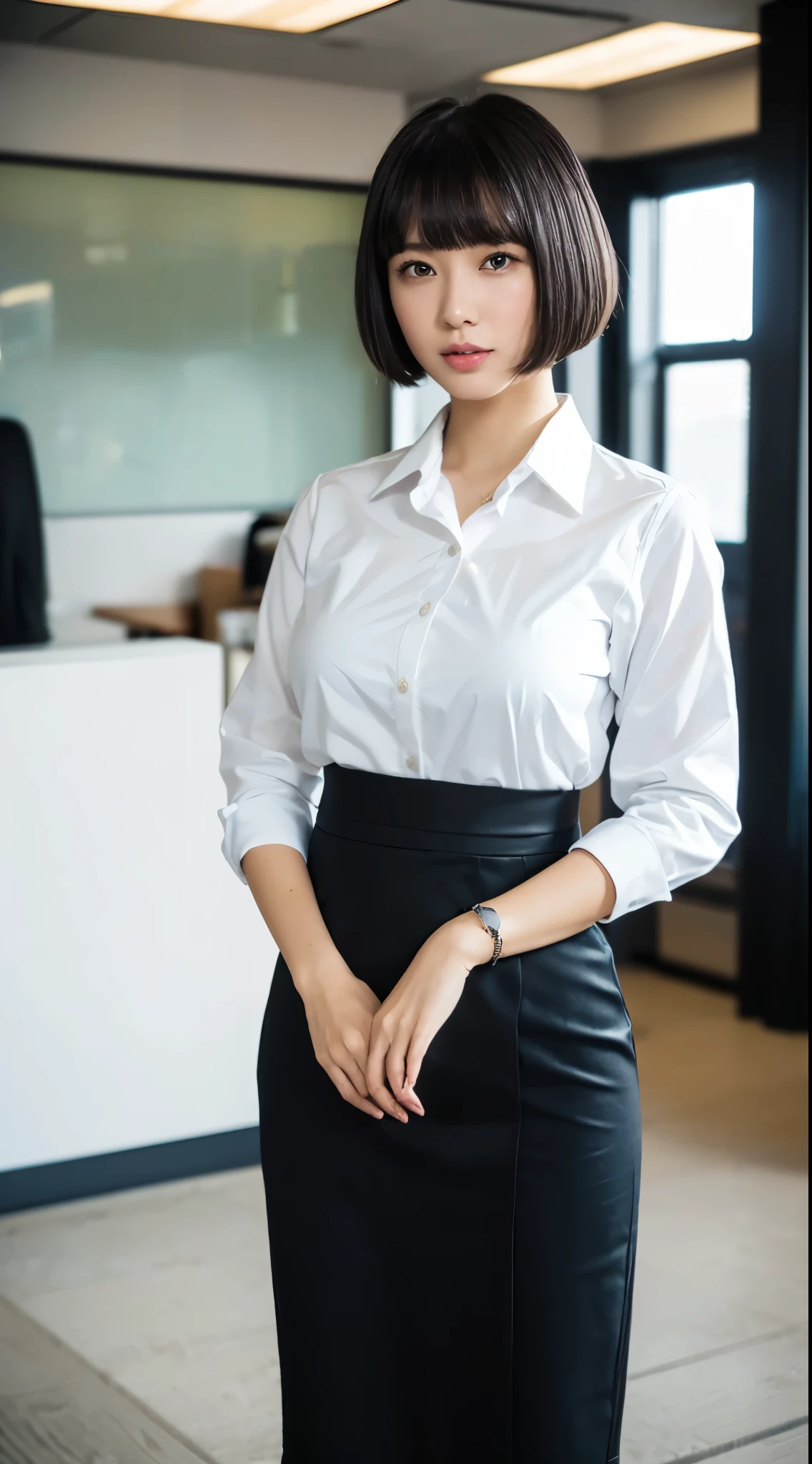 (table top,high quality:1.3),(Depth of bounds written:1.3) ,((Front body:1.35)), Japanese ,woman, bowl cut, (womanのビジネスブラックスーツブラックミディスカート ,white collared shirt:1.2),huge breasts,(looking at the viewer:1.3),(whole body:1.2),( put your hand on your waist:1.2),By the window in the office