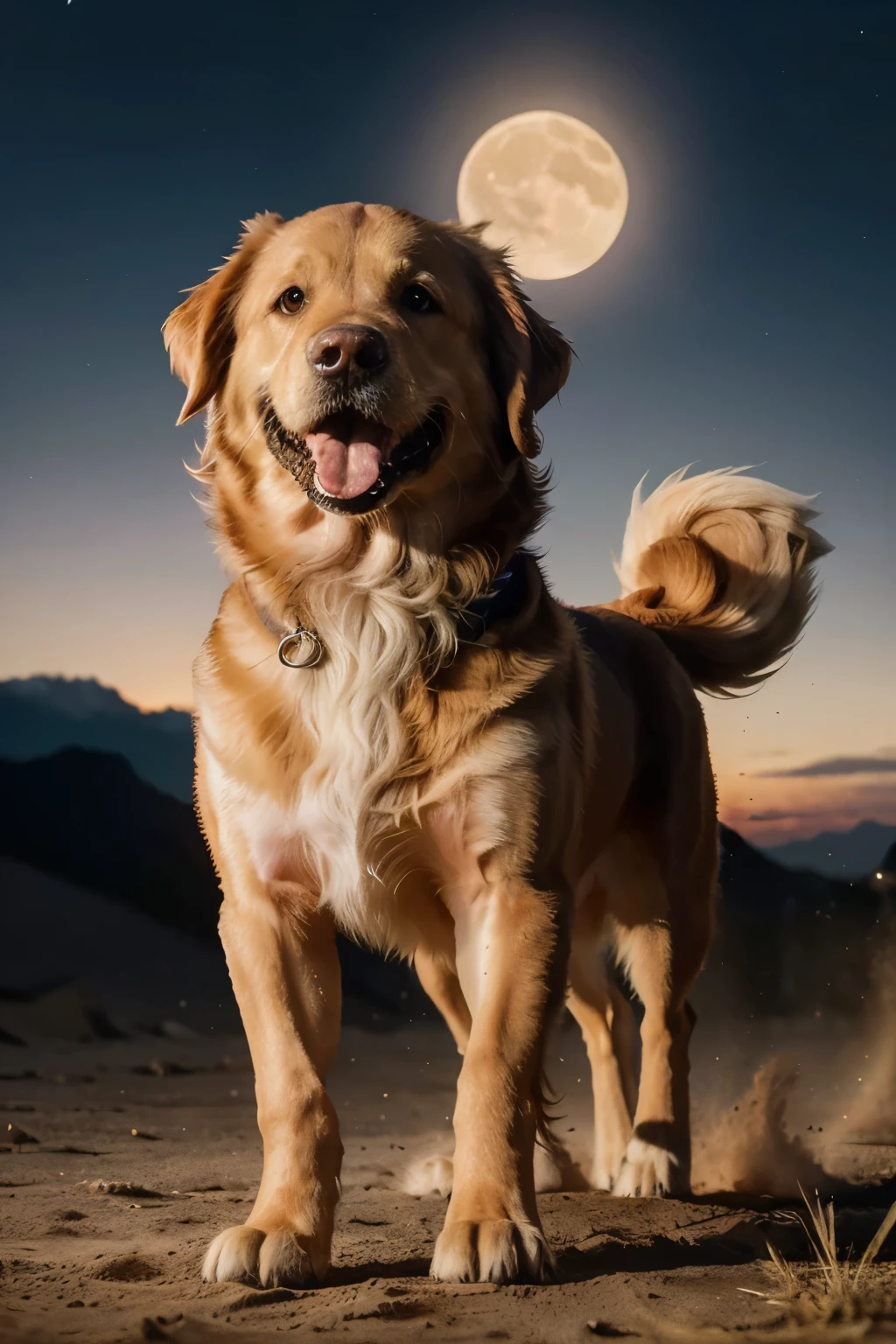 Realistic scene: A playful dog runs towards the night sky with its tongue out and its ears flapping, creating an exciting and dynamic image. The big moon illuminates the scene with its soft, gentle light, casting long, intricate shadows on the ground. (Very detailed, High resolution, Masterpiece, Best quality, Intricate details, Sharp focus, Detailed fur texture, Realistic, Post-processing, Maximum details, Roughness, Real life, Ultra-realistic, Photorealism, Photography, 16:9 aspect-ratio)

A cute, energetic golden retriever dashes towards the vast, open night sky with a sense of boundless excitement