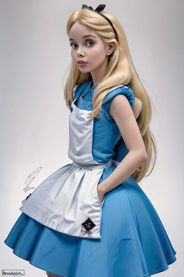 obra de arte, 1 garota, (Sozinho:1.5), make her a sexy Alice in Wonderland with blonde hair, Powder blue dress with white apron, meias brancas, decote, dynamic, Ultra high definition, 32K, (Anatomia perfeita:1.5), pernas perfeitas, no estilo de Artgerm e Adam Hughes, perfect arms,