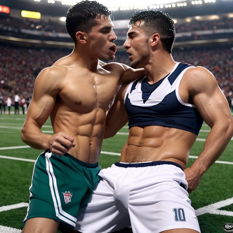 Capitan musculoso de futbol americano borracho y sin camisa, kissed on the mouth and masturbated by a cheerleader man smaller and thinner than him, bulto grande, desnudos, mostrando pectorales y abdominales completos,wet dreams, Great erection, besos, gay pornographic