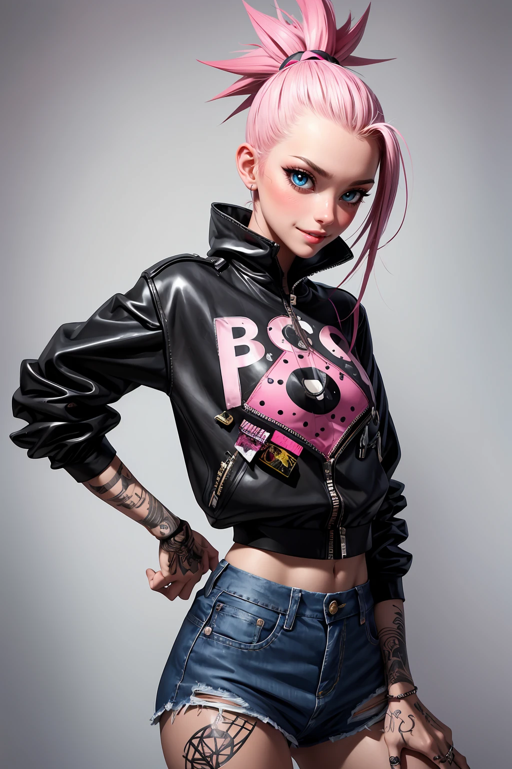 (Best quality, masterpiece), 1girl, slender, pink mohawk, she is Punk Mambo. A mic of London Punk and Voodoo, torn torn jeans, Doc Martens sprayed with voodoo symbols. nice tigths, profissional lineart, film grain, inspired for concept artist from pixiv, anime style, glommy illustration, 4k, High detailed, nijistyle