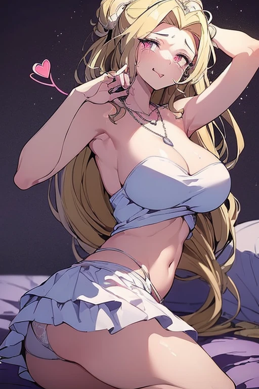 (Masterpiece: 1.4), (Best quality: 1.4), 8K, HD, ultra clear,1girl,(big breasts:1.4),blond hair,(Heart-shaped pupil:1.3),(Tongue out:1.2),scared:1.3,(cry:1.3),princess,Bare abdomen,White lace underwear,Skirt,(Looking up),night,bedroom,necklace,Messy clothes,long hair,