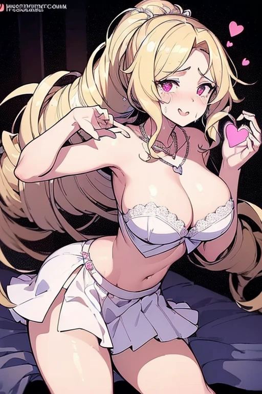 (Masterpiece: 1.4), (Best quality: 1.4), 8K, HD, ultra clear,1girl,(big breasts:1.4),blond hair,(Heart-shaped pupil:1.3),(Tongue out:1.2),scared:1.3,(cry:1.3),princess,Bare abdomen,White lace underwear,Skirt,(Looking up),night,bedroom,necklace,Messy clothes,long hair,