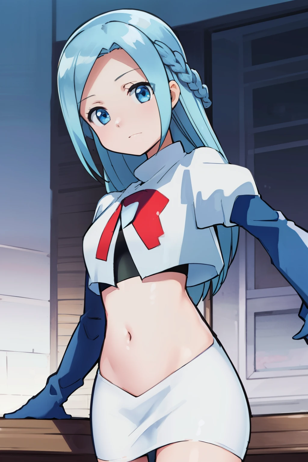 masterpiece, best quality, 1girl, solo, looking at viewer, , depth of field, (watercolor illustration, soft pastel colors:1.1), , olivia_servant, blue hair, blue eyes, team rocket,team rocket uniform,white skirt,red letter R,crop top,black thigh-highs,black elbow gloves,