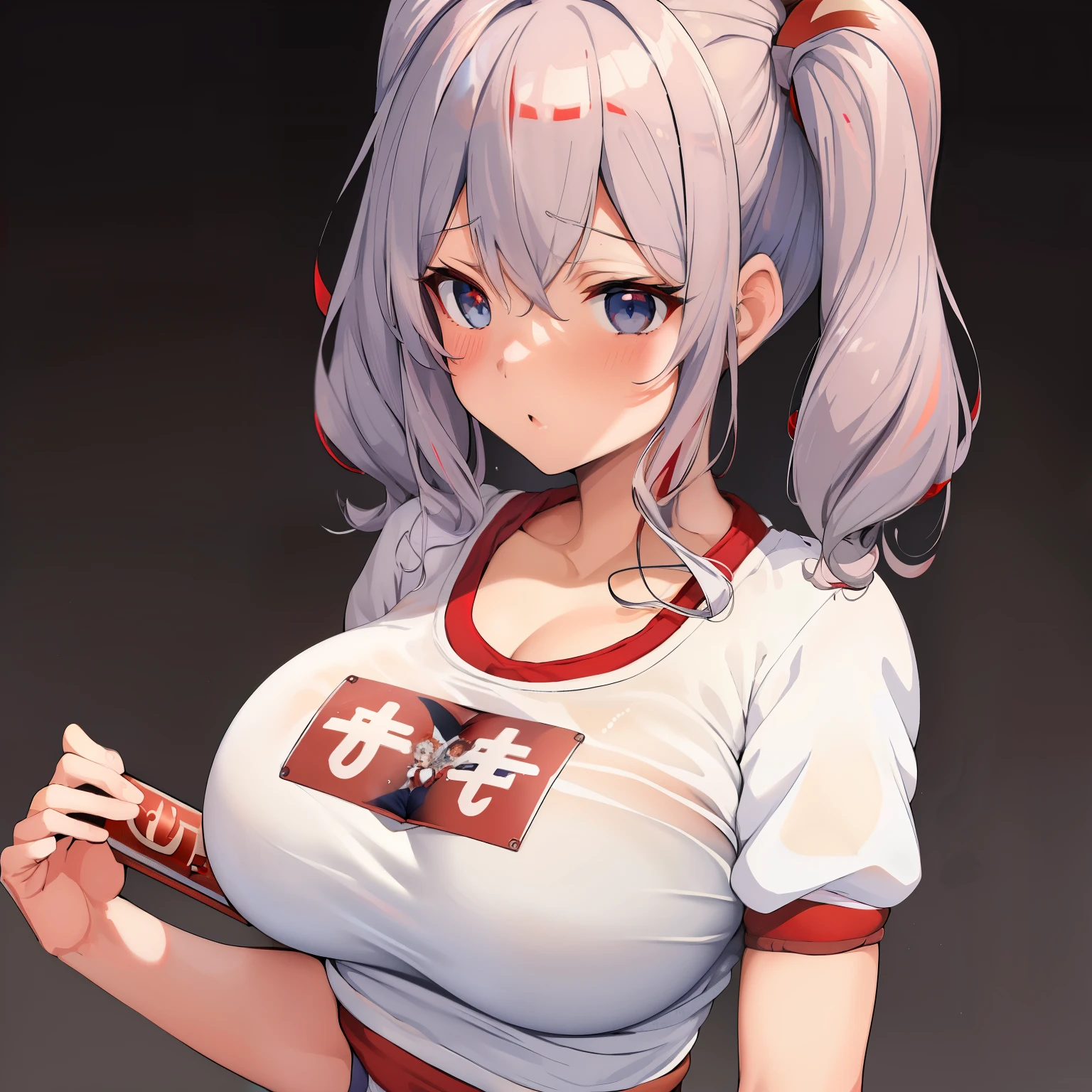 (masterpiece, highest quality:1.2),figure,8K,HD,1 girl,alone,blush,gray hair,blue eyes,wavy hair,twin tails,Tsurime,((big breasts)),big breasts,(((((red bloomer))))),(((((white shirts))))),(((((gym clothes)))))
