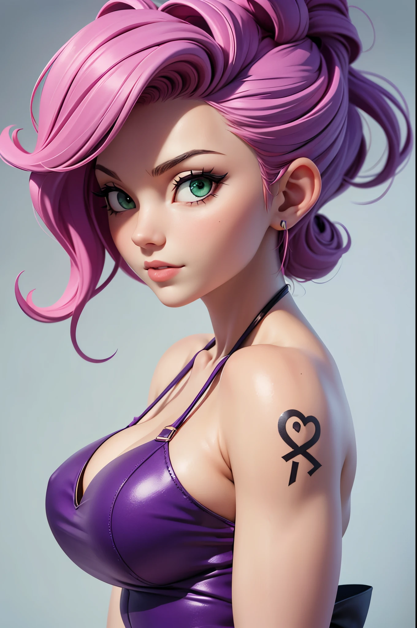 (best quality,highres,ultra-detailed),realistic,portraits,Asian girl,deep green eyes,detailed eyes,lips,tattooed arms,pink hair,elegant purple dress,purple shoes,big bust,big bottom