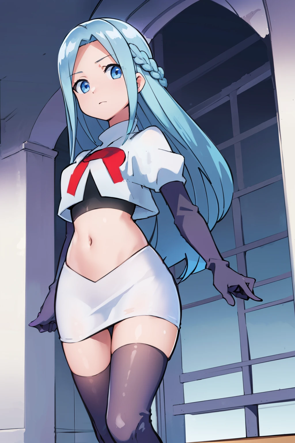 masterpiece, best quality, 1girl, solo, looking at viewer, , depth of field, (watercolor illustration, soft pastel colors:1.1), , olivia_servant, blue hair, blue eyes, team rocket,team rocket uniform,white skirt,red letter R,crop top,black thigh-highs,black elbow gloves,