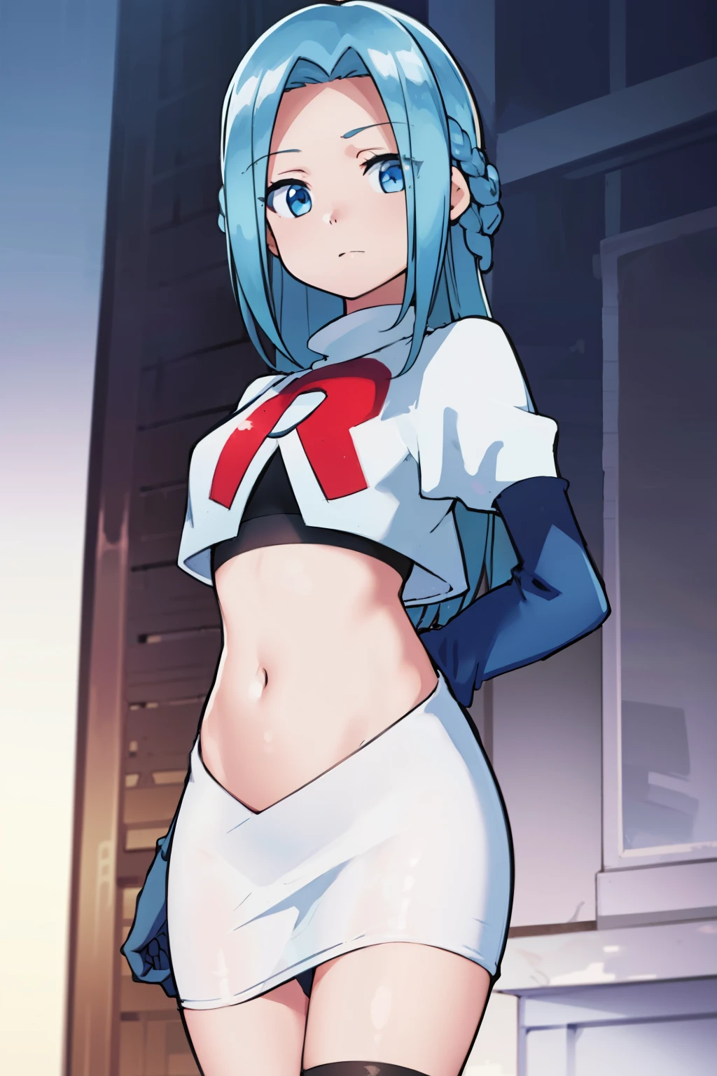 masterpiece, best quality, 1girl, solo, looking at viewer, , depth of field, (watercolor illustration, soft pastel colors:1.1), , olivia_servant, blue hair, blue eyes, team rocket,team rocket uniform,white skirt,red letter R,crop top,black thigh-highs,black elbow gloves,