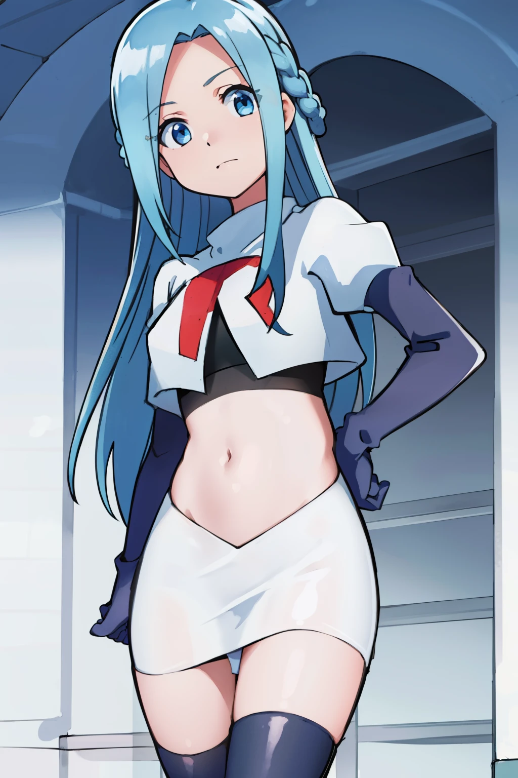 masterpiece, best quality, 1girl, solo, looking at viewer, , depth of field, (watercolor illustration, soft pastel colors:1.1), , olivia_servant, blue hair, blue eyes, team rocket,team rocket uniform,white skirt,red letter R,crop top,black thigh-highs,black elbow gloves,