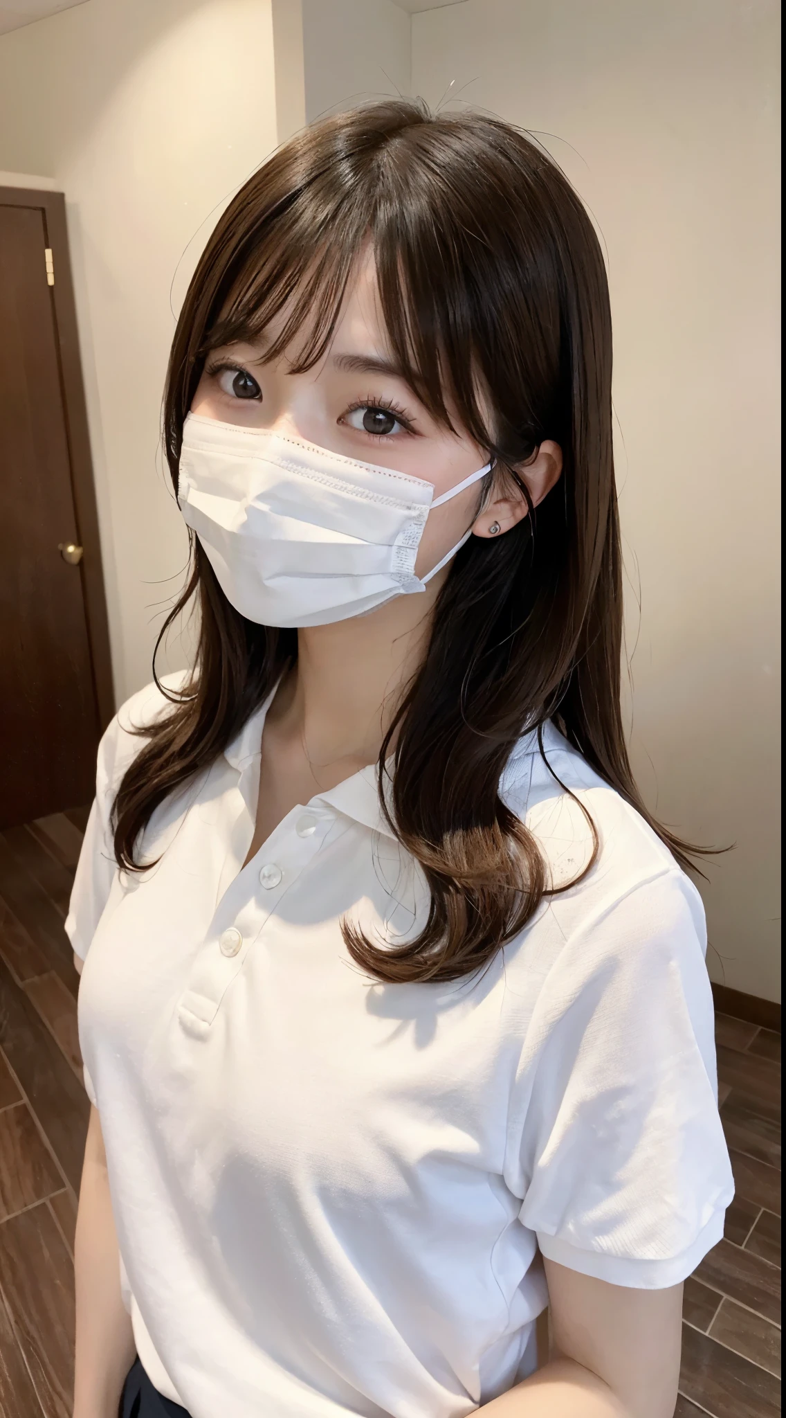 front、looking at the camera、Close-up、((Bright Smile 1.6｠4K、RAW photo、photorealistic stick、High resolution、Cute 18 year old woman in Japan , face like an idol、｟Tanned skin 1.6｠brown hair、With bangs、medium hair、curly hair、 solo、Cute Real Photo Girl、polo shirt、Chinos、Inside the nursing home、Wearing a white mask