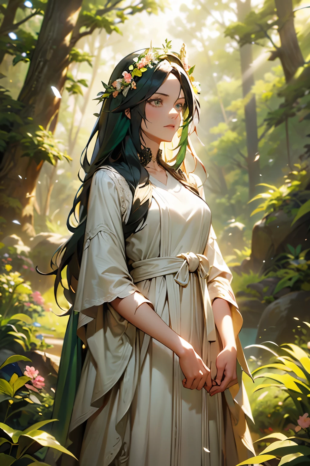 masterpiece, best quality, splash art, 1girl, solo, woman, adult woman, mature woman, yoruichi, green hair, long hair, blue eyes, grass dress, nature dress, clothes made of plants, flowers, flower crown, goddess, forest background