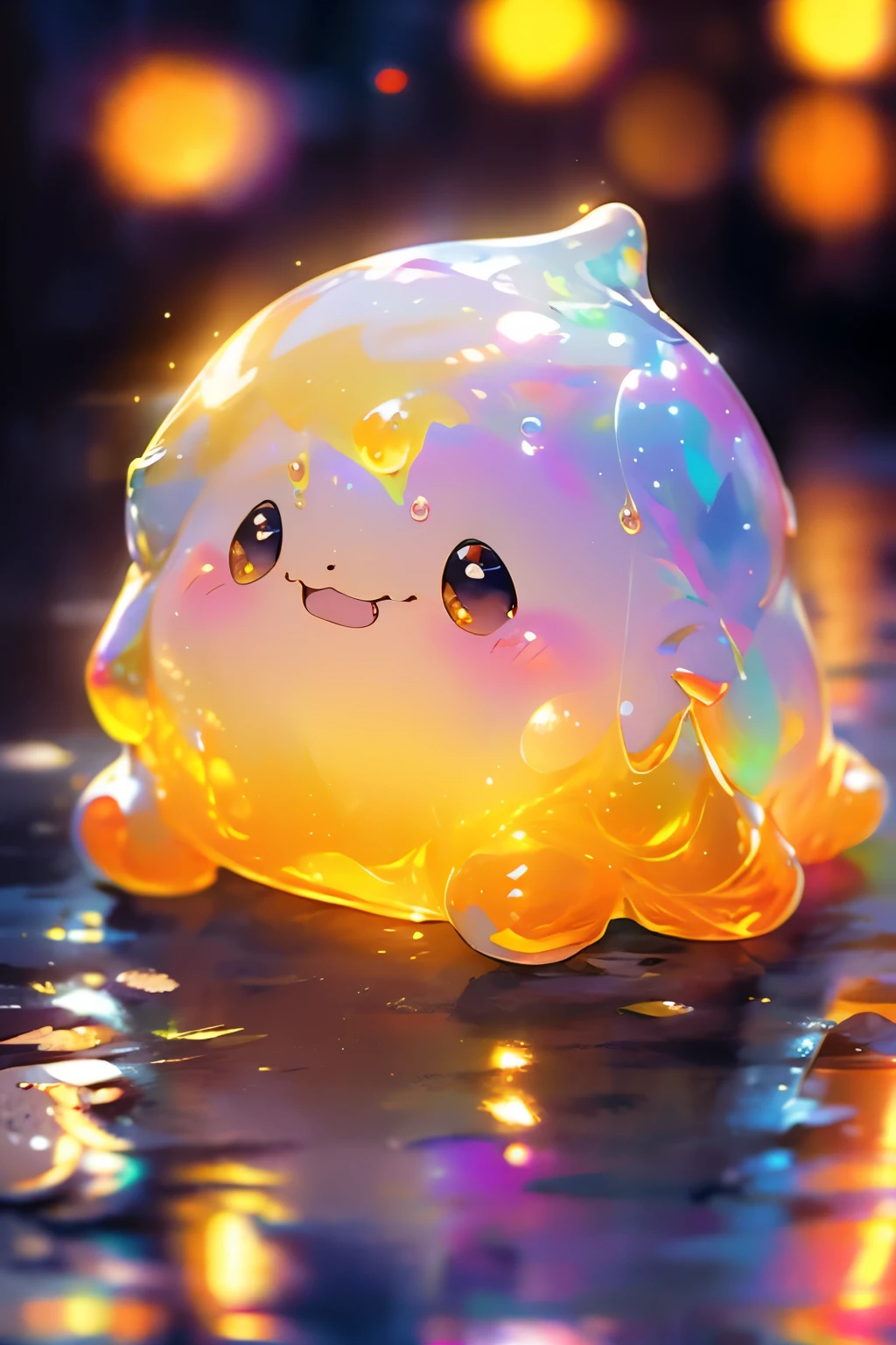 cute mango water slime, big happy laugh smile, animal bubble eyes,  colorful slime, shiny and squishy, slime texture, transparent slime, glittery slime, iridescent colors, vibrant rainbow colors, sparkly and magical, soft and stretchy, squishy and bouncy, playful and fun, in a clear glass jar, with floating slime bubbles

(best quality, ultra-detailed, realistic:1.37), vibrant colors, studio lighting, vivid colors, bokeh