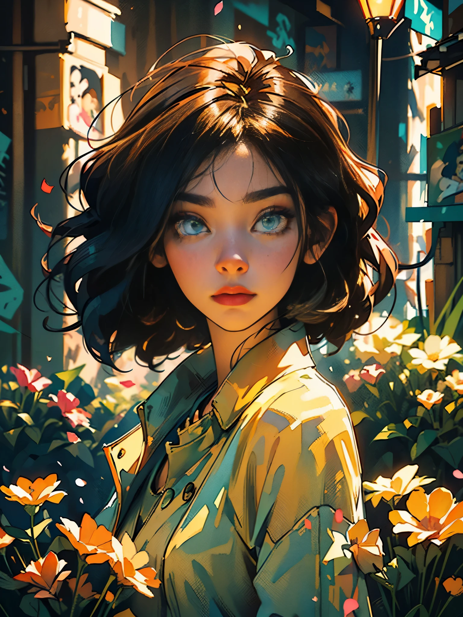 full body photo, digital illustration, comic style, perfect ???????, centered, approaching perfection, dynamic, highly detailed, watercolor painting, artstation, concept art, smooth, sharp focus, illustration, alone anime girl with a medium length pose, yellow jumpsuit with black stripes, short pastel hair with hime cut and bangs, perfect ???????, centered, smeglejonesjj, approaching perfection, dynamic, highly detailed, lightningwave, trending on artstation, 8k, masterpiece, graffiti paint, fine detail, full of color, intricate detail, golden ratio illustration, monochromatic green background, masterpiece, high resolution fix, bright amazing lighting, ((solo)), ( detailed eyes and detailed face:1.3), (beautiful and clear background:1.2), (extremely detailed, ultra-detailed, best shadow:1.1), flowers and petals, (extremely fine and beautiful girl:1.1), (perfect details:1.1) fantastic paintings graffiti style,  black with straight hair and flowers, black relief around the design, fine detail, expressive, dark contrast, --ar 16:9 --q 2 --s 500 --v 5.1 --style raw --c 100