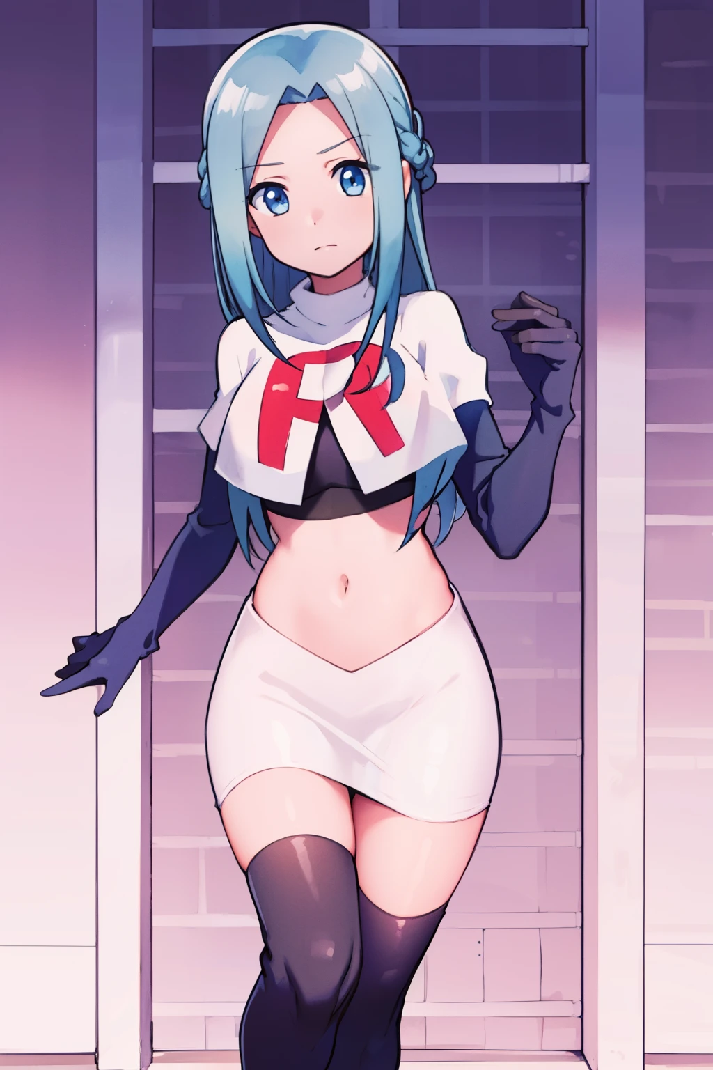 masterpiece, best quality, 1girl, solo, looking at viewer, , depth of field, (watercolor illustration, soft pastel colors:1.1), , olivia_servant, blue hair, blue eyes, team rocket,team rocket uniform,white skirt,red letter R,crop top,black thigh-highs,black elbow gloves,