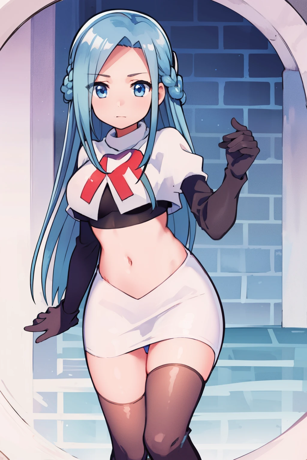 masterpiece, best quality, 1girl, solo, looking at viewer, , depth of field, (watercolor illustration, soft pastel colors:1.1), , olivia_servant, blue hair, blue eyes, team rocket,team rocket uniform,white skirt,red letter R,crop top,black thigh-highs,black elbow gloves,