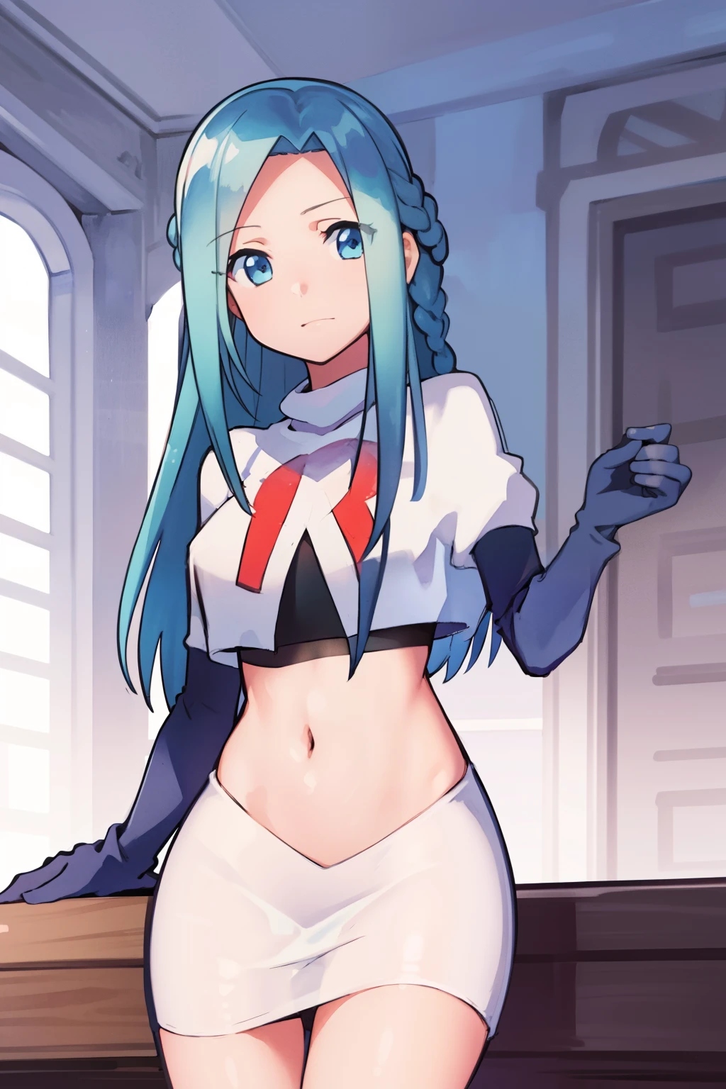 masterpiece, best quality, 1girl, solo, looking at viewer, , depth of field, (watercolor illustration, soft pastel colors:1.1), , olivia_servant, blue hair, blue eyes, team rocket,team rocket uniform,white skirt,red letter R,crop top,black thigh-highs,black elbow gloves,