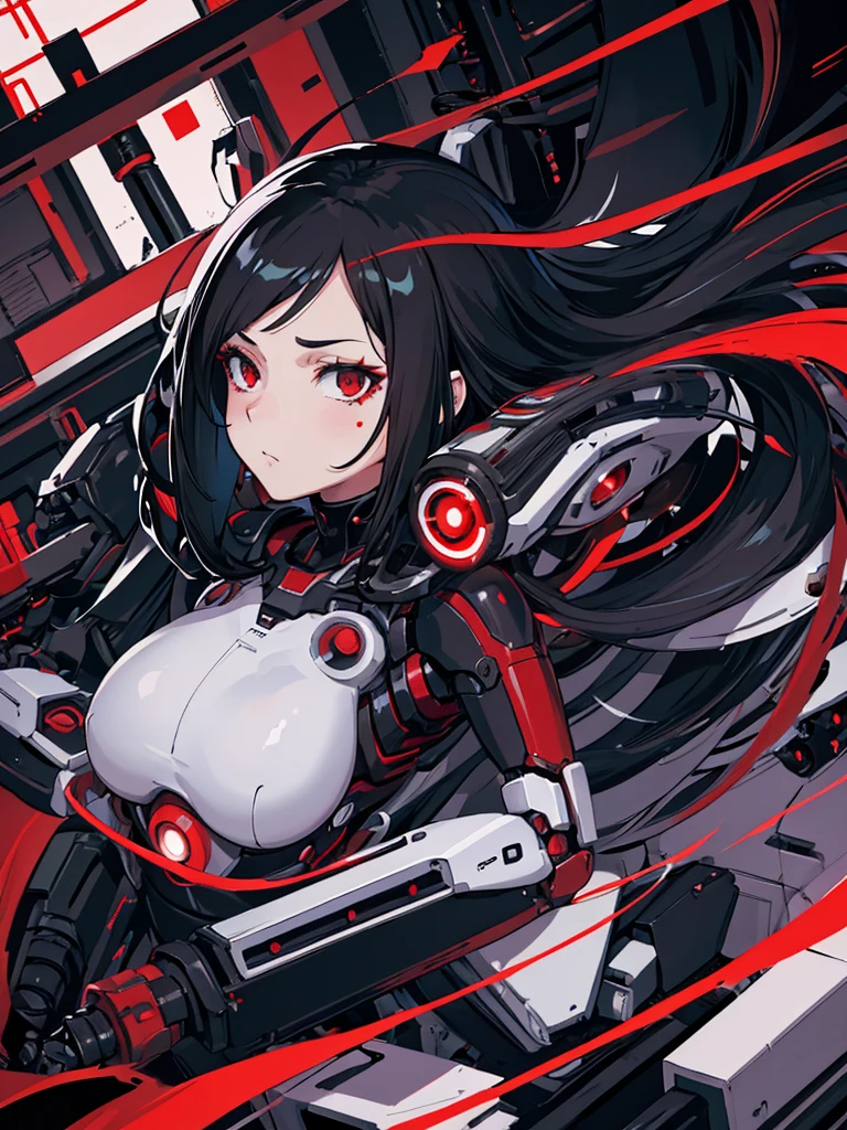 Female Android girl masterpiece Black Armor Redline Long Black Hair high school girl Mechanical Combatant Upper Body smile No earrings