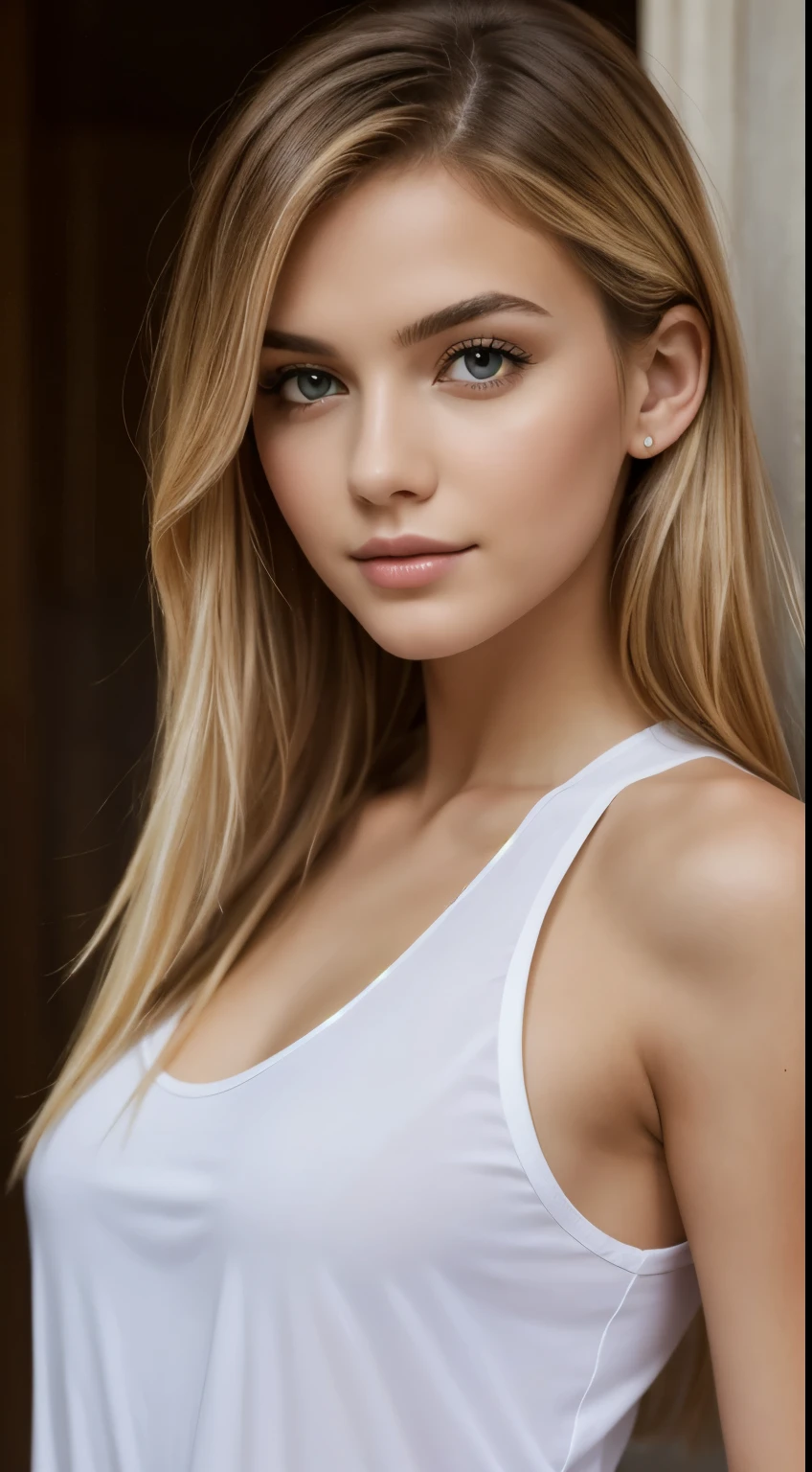 (solo:1.5),(masterpiece:1.5),(best quality:1.5),(bust:1.3) a close up of a woman with long hair and a white tank top, beautiful blonde girl, beautiful blonde woman, beautiful female model, photo of a beautiful woman, beautiful young woman, gorgeous face portrait, portrait of a beautiful model, beautiful model girl, beautiful girl model, detailed beauty portrait, gorgeous attractive face, beautiful portrait image, attractive beautiful face, extremely beautiful face