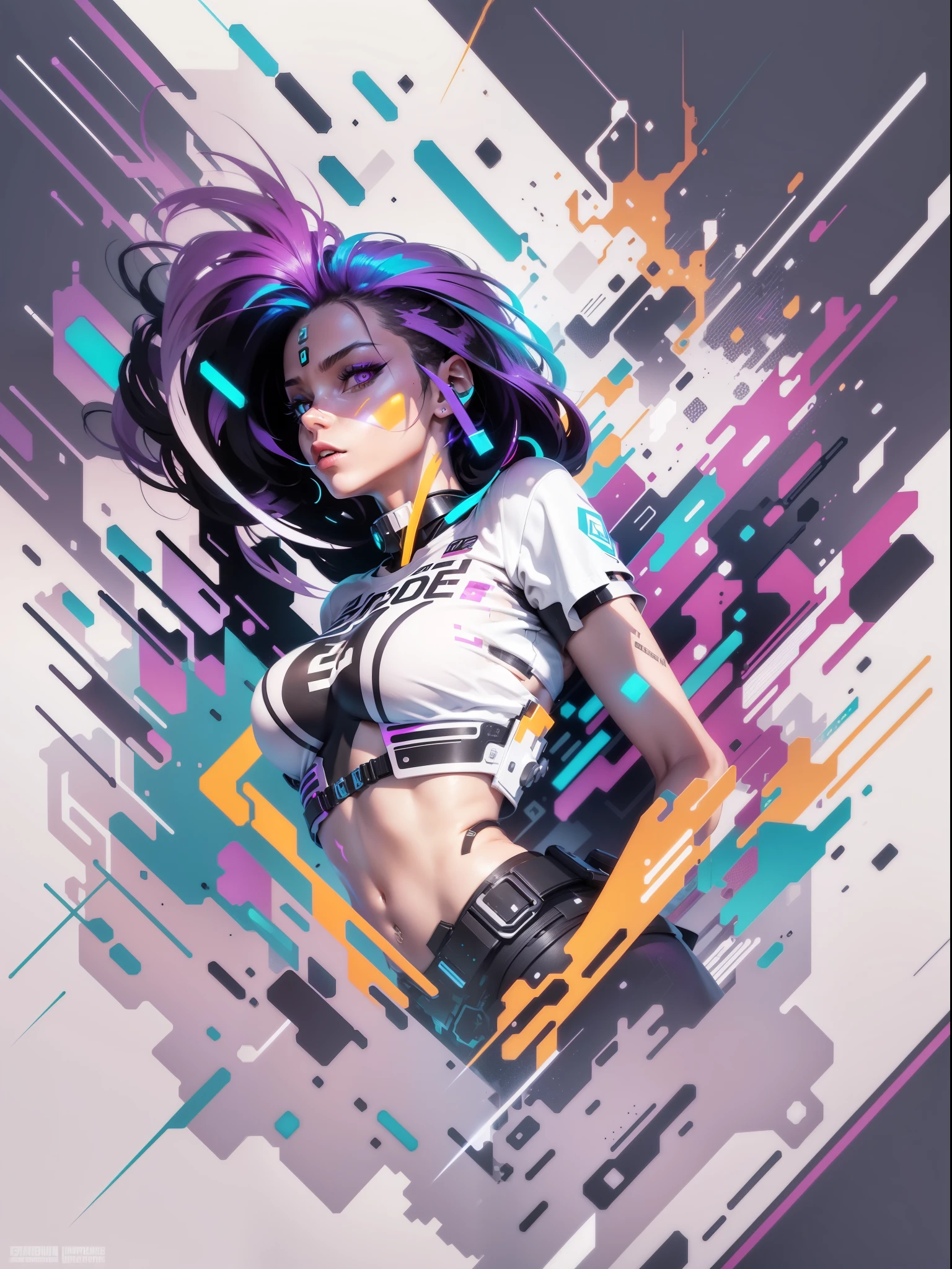 graphic design t-shirt, flat design, futuristic cyberpunk girl in mix of tones, topless,, sexy body, topless, flashing , big , metal skin, metal nipples, laser beams, purple emissive eyes, colorful tones, clean highly detailed, vector image, smoke explosion, simple background, flat white background, bright vector ((white background) )