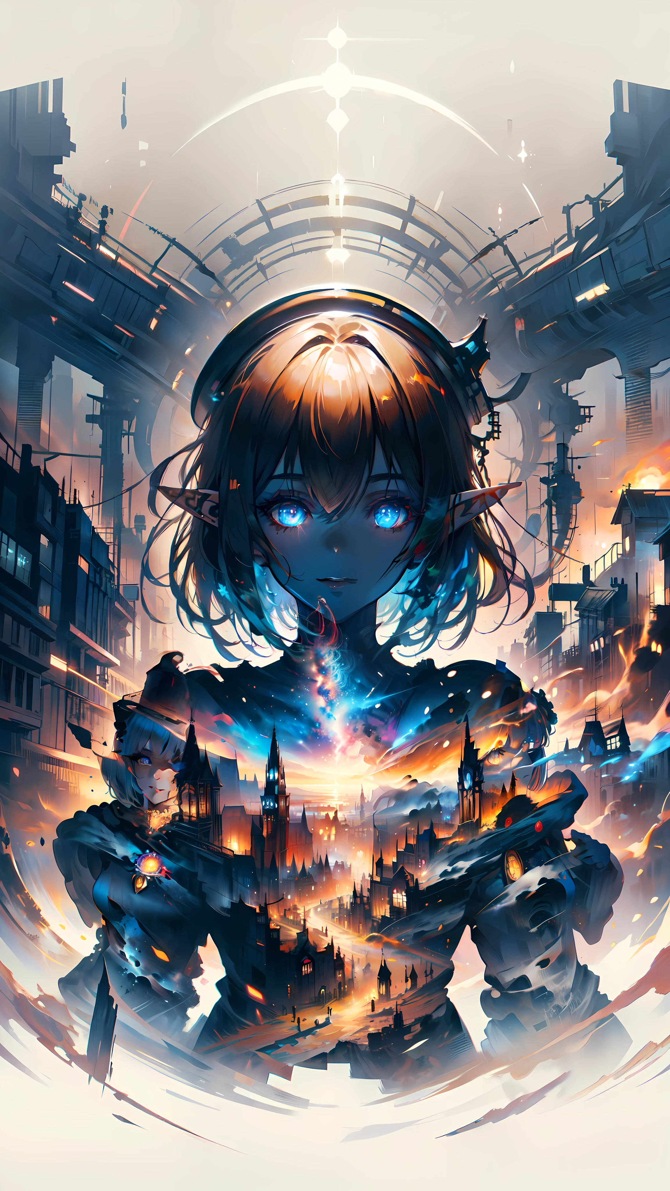 ((masterpiece )), (top quality), (best quality), ((ultra-detailed, 8k quality)), Aesthetics, Cinematic lighting, (detailed line art), Beautiful digital artwork, Exquisite digital illustration, absurdres, (best composition), 
BREAK,
Double exposure style, (Upper body of a beautifully grown adult elf woman with Bob cut white hair, wears steampunk_costume, hat in steampunk style), (A vibrant and imaginative digital painting depicting a fantasy cityscape set in a steampunk world, SteamPunkAI, CogPunkAI:1.2),  silhouette, illustration in Fantasy steampunk style by Yoji Shinkawa, detailed and intricate environment, artstation, concept art, fluid and sharp focus, by ((Mikimoto Haruhiko)),
BREAK,
highly detailed of (elf), (1girl), perfect face, details eye, Bob cut hair, Blunt bangs, (hair between eye), blonde white hair, blue eyes, eyelashes, eyeshadow, pink eyeshadow,  smile, design art by Artgerm, by Kawacy, By Yoshitaka Amano,
BREAK, 
((perfect anatomy)), nice body, medium breast, (extremely detailed finger), best hands, perfect face, beautiful face, beautiful eyes, perfect eyes, (perfect fingers), correct anatomy, 