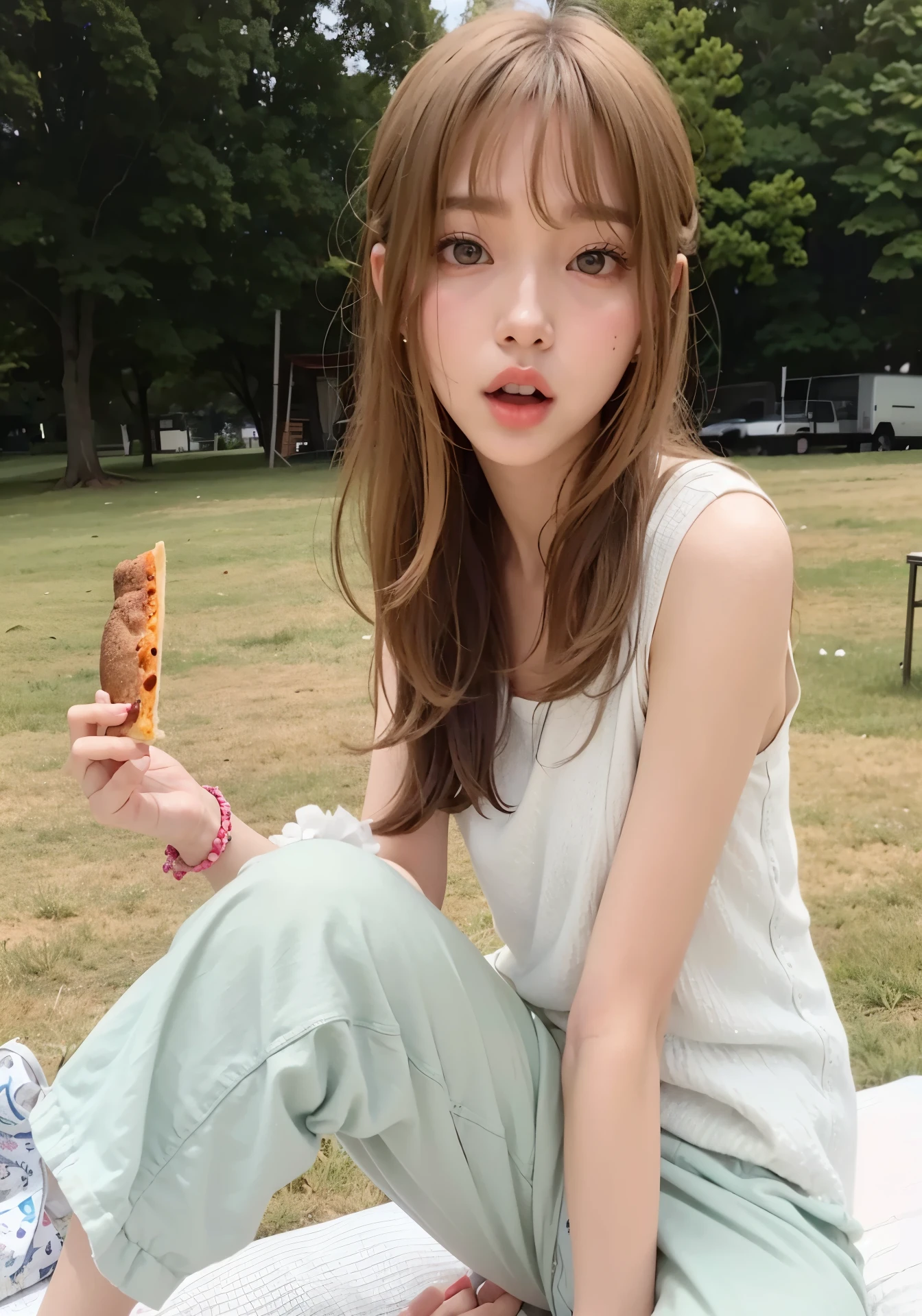 araffe girl sitting on a blanket holding a slice of pizza, ulzzang, lalisa manobal, aya takano color style, chiho, anime girl in real life, the hime cut, lalisa manoban of blackpink, korean girl, young skinny gravure idol, eating pizza, with long hair, by Torii Kiyomoto