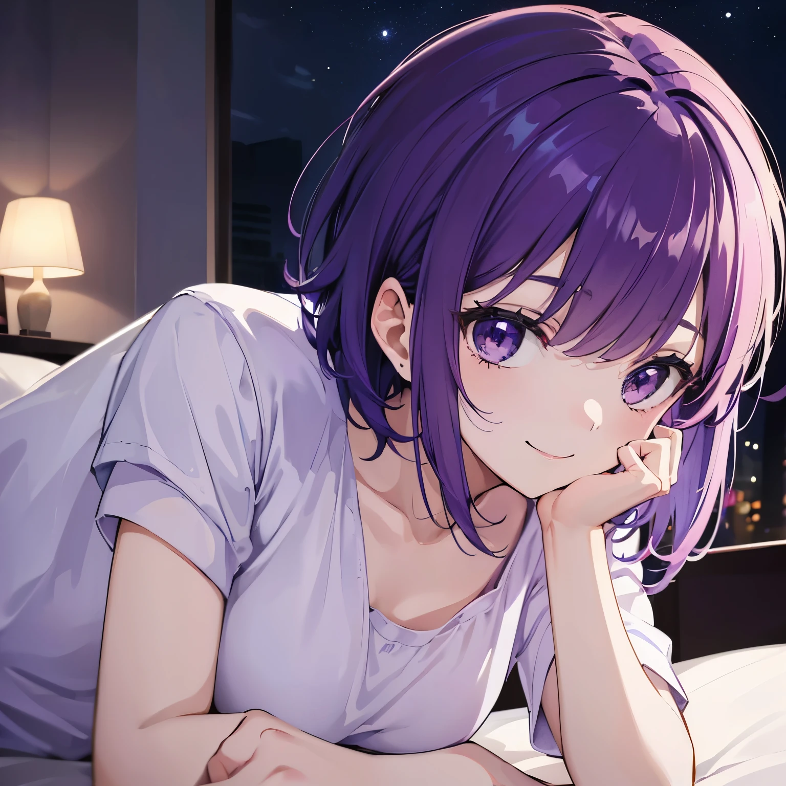 (T Masterpiece,4k wallpaper,best quality))、((girl1people))、(solo)、Brilliant,(purple hair)、(shortcut:1.3)、close up of face、smile、Bedroom、night、nightwear