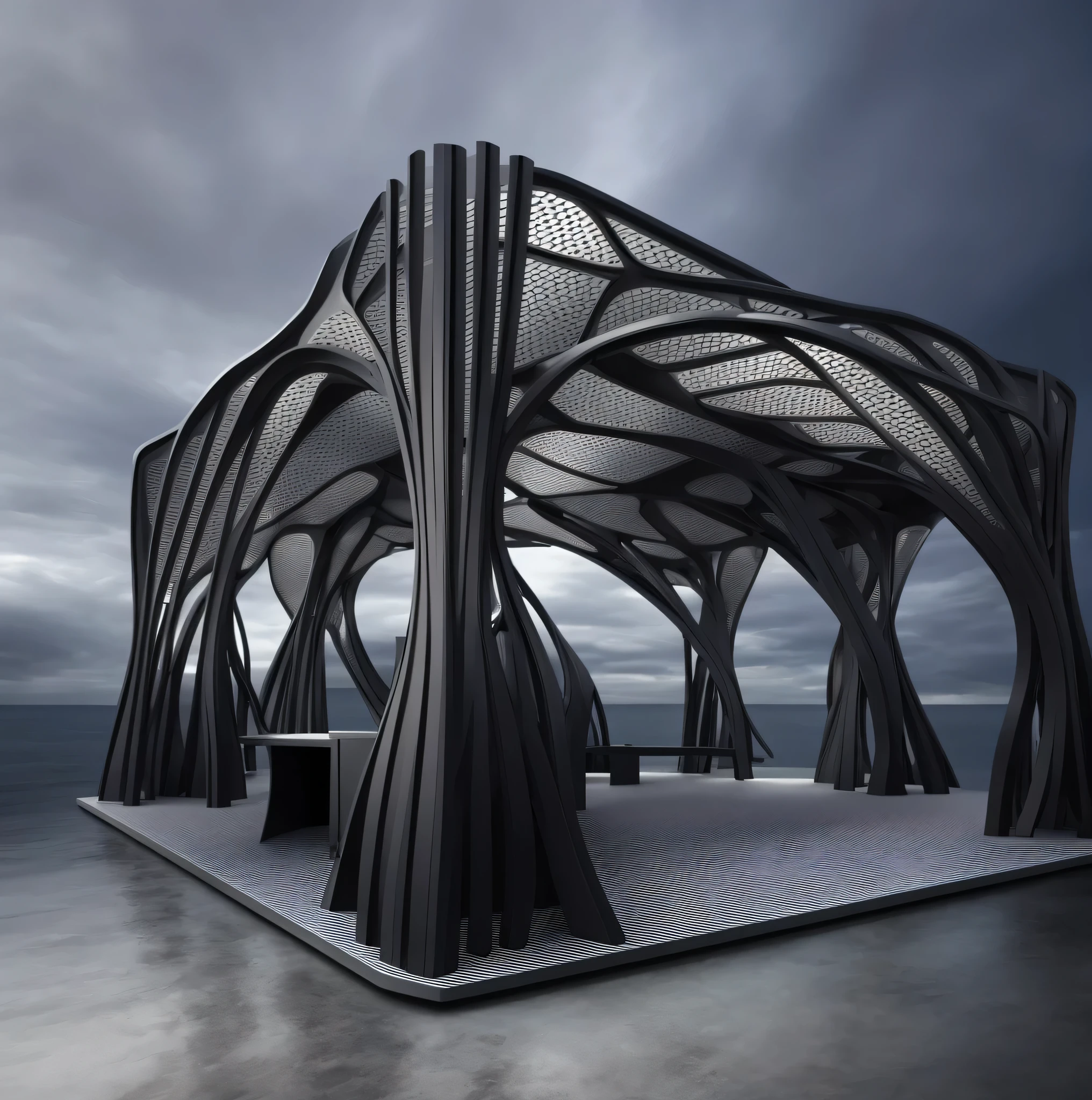 black carbon fiber material forms a pavilion,The exhibition hall has a climbing structure、Staggered equal section.,Reality,Keep original details