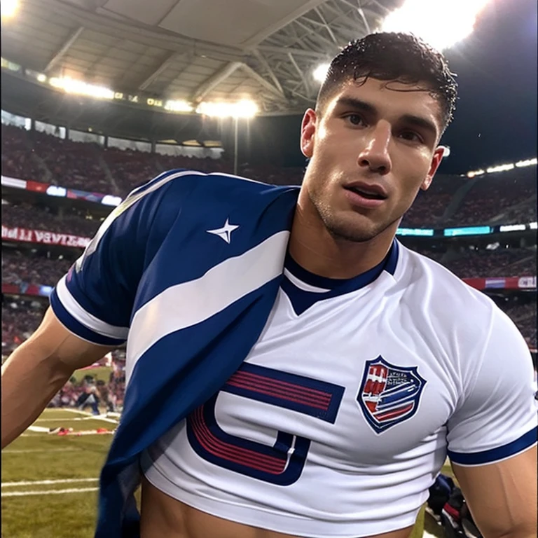 Capitan musculoso de futbol americano  borracho y sin camisa, masturbated and kissed on the mouth by a cheerleader man smaller and thinner than him, bulto grande, solo en ropa interior, mostrando pectorales y abdominales completos,wet dreams, Great erection, besos, gay pornographic