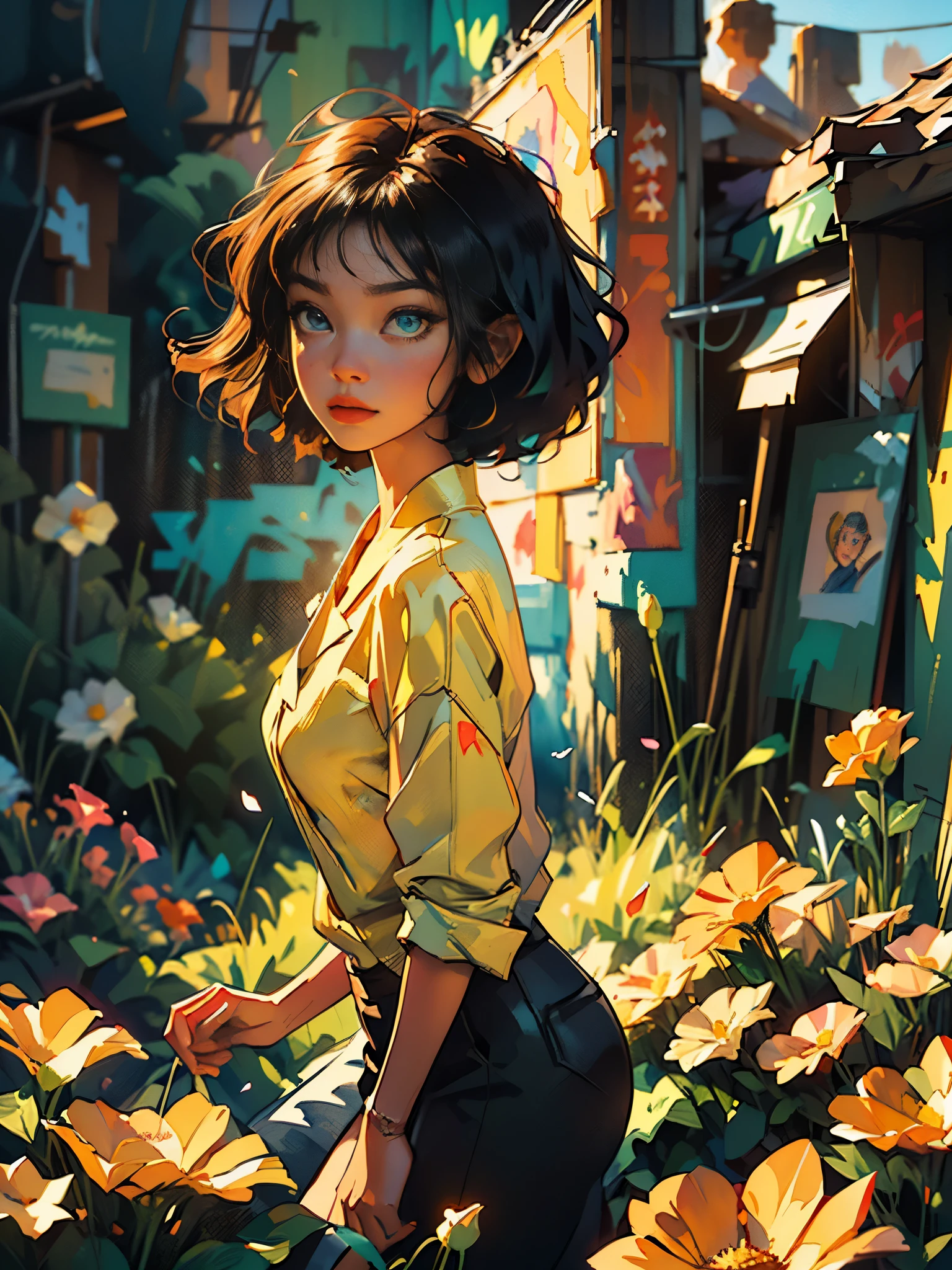 full body photo, digital illustration, comic style, perfect anatomy, centered, approaching perfection, dynamic, highly detailed, watercolor painting, artstation, concept art, smooth, sharp focus, illustration, alone anime girl with a medium length pose, Bruce Lee yellow jumpsuit with black stripes, short pastel hair with hime cut and bangs, perfect anatomy, centered, smeglejonesjj, approaching perfection, dynamic, highly detailed, lightningwave, trending on artstation, 8k, masterpiece, graffiti paint, fine detail, full of color, intricate detail, golden ratio illustration, monochromatic green background, masterpiece, high resolution fix, bright amazing lighting, ((solo)), ( detailed eyes and detailed face:1.3), (beautiful and clear background:1.2), (extremely detailed, ultra-detailed, best shadow:1.1), flowers and petals, (extremely fine and beautiful girl:1.1), (perfect details:1.1) fantastic paintings graffiti style, black with straight hair and flowers, black relief around the design, fine detail, expressive, dark contrast, --ar 16:9 --q 2 --s 500 --v 5.1 --style raw --c 100