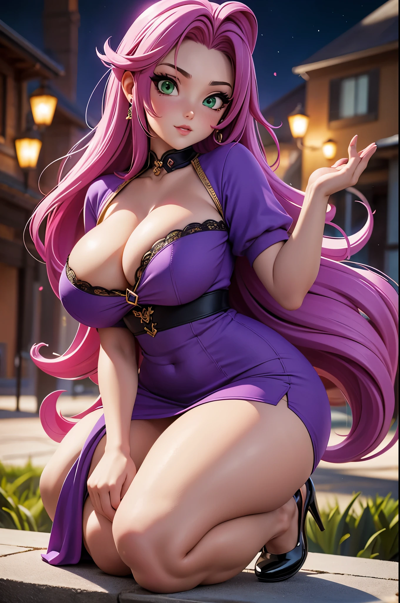 (best quality,highres,ultra-detailed),realistic,portraits,Asian girl,deep green eyes,detailed eyes,lips,tattooed arms,pink hair,elegant purple mini dress,purple shoes,big bust,big bottom. Full body, backgroud garden in the night