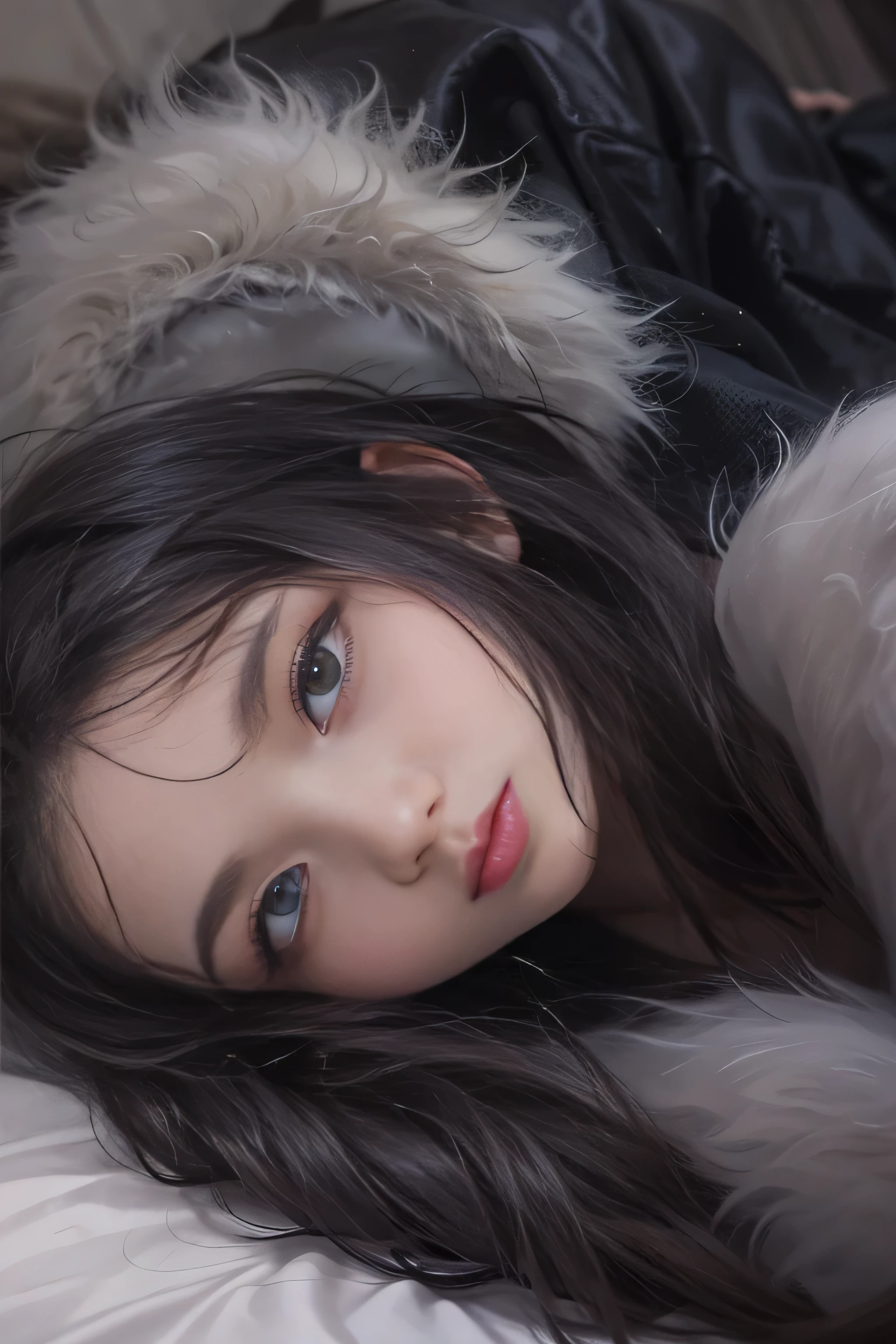 girl portrait photography, realistic, High resolution, 1 female, alone, Upper body, beautiful eyes, close your lips, detailed face, gray hair, long hair, collared shirt, black tie,black skirt, pencil skirt, fur coat, stockings、(woman lying on a fur bed)、Shyness