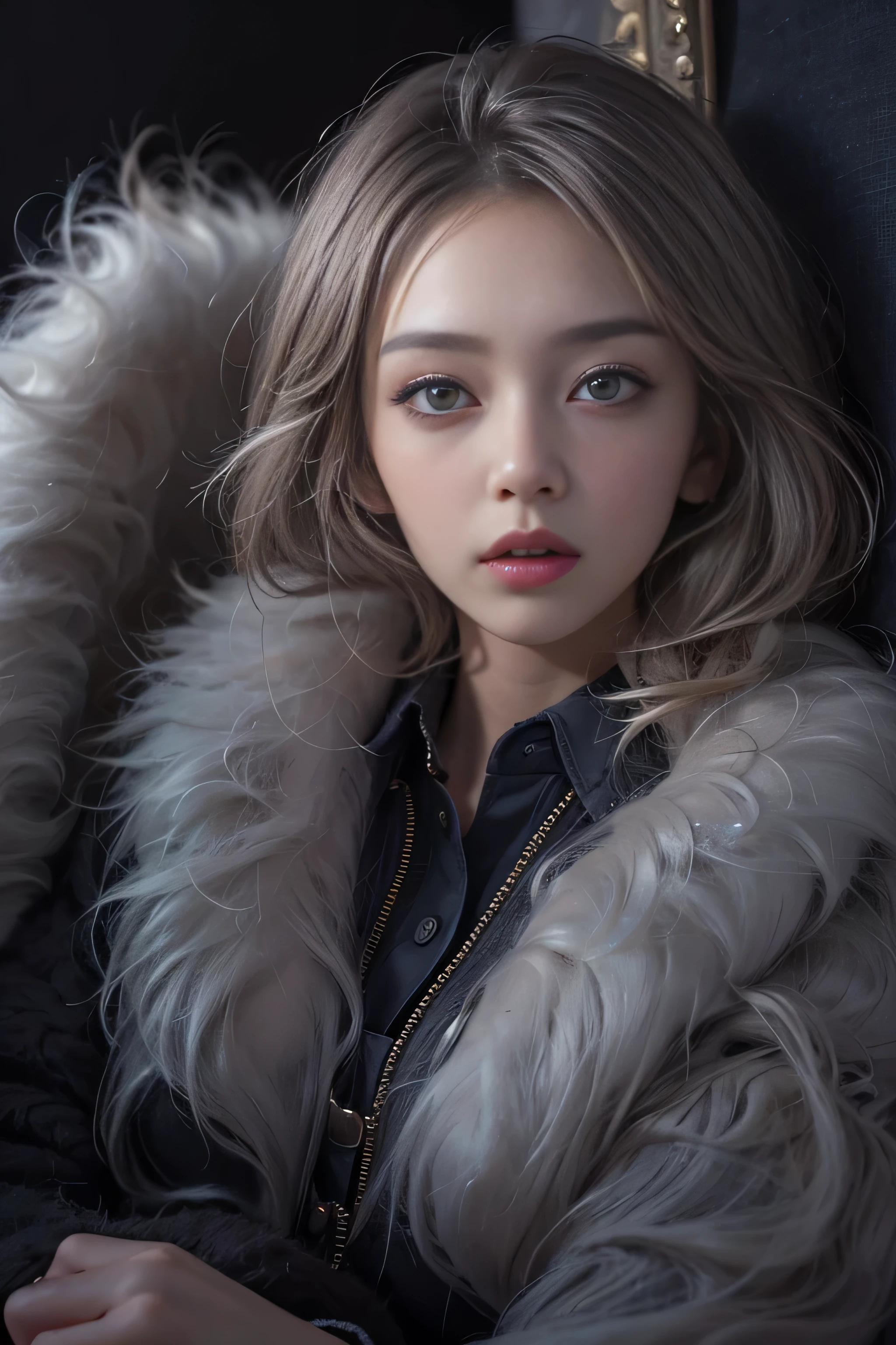 girl portrait photography, realistic, High resolution, 1 female, alone, Upper body, beautiful eyes, close your lips, detailed face, gray hair, long hair, collared shirt, black tie,black skirt, pencil skirt, fur coat, stockings、(woman lying on a fur bed)、Shyness