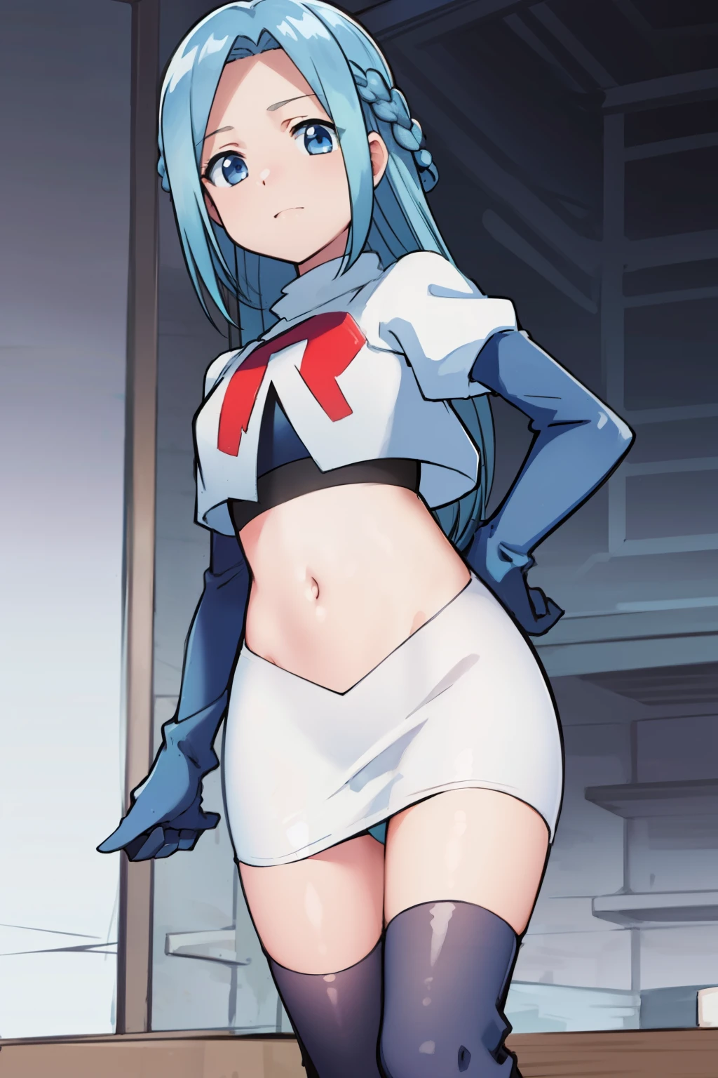 masterpiece, best quality, 1girl, solo, looking at viewer, , depth of field, (watercolor illustration, soft pastel colors:1.1), , olivia_servant, blue hair, blue eyes, team rocket,team rocket uniform,white skirt,red letter R,crop top,black thigh-highs,black elbow gloves,