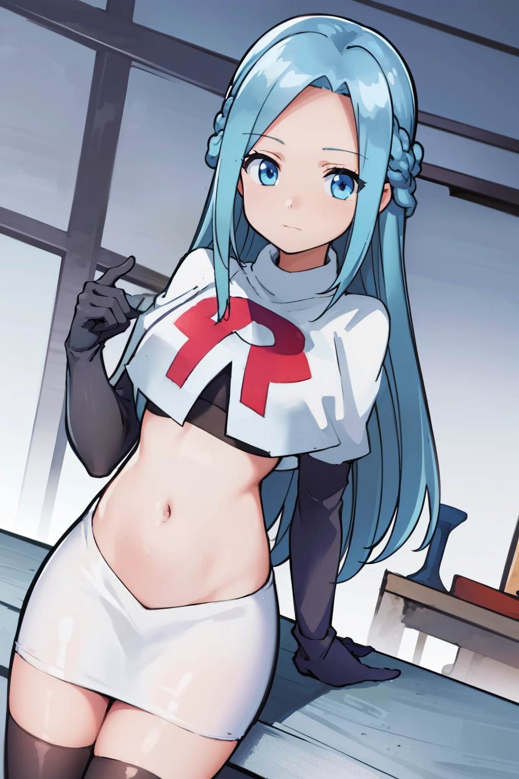 masterpiece, best quality, 1girl, solo, looking at viewer, , depth of field, (watercolor illustration, soft pastel colors:1.1), , olivia_servant, blue hair, blue eyes, team rocket,team rocket uniform,white skirt,red letter R,crop top,black thigh-highs,black elbow gloves,