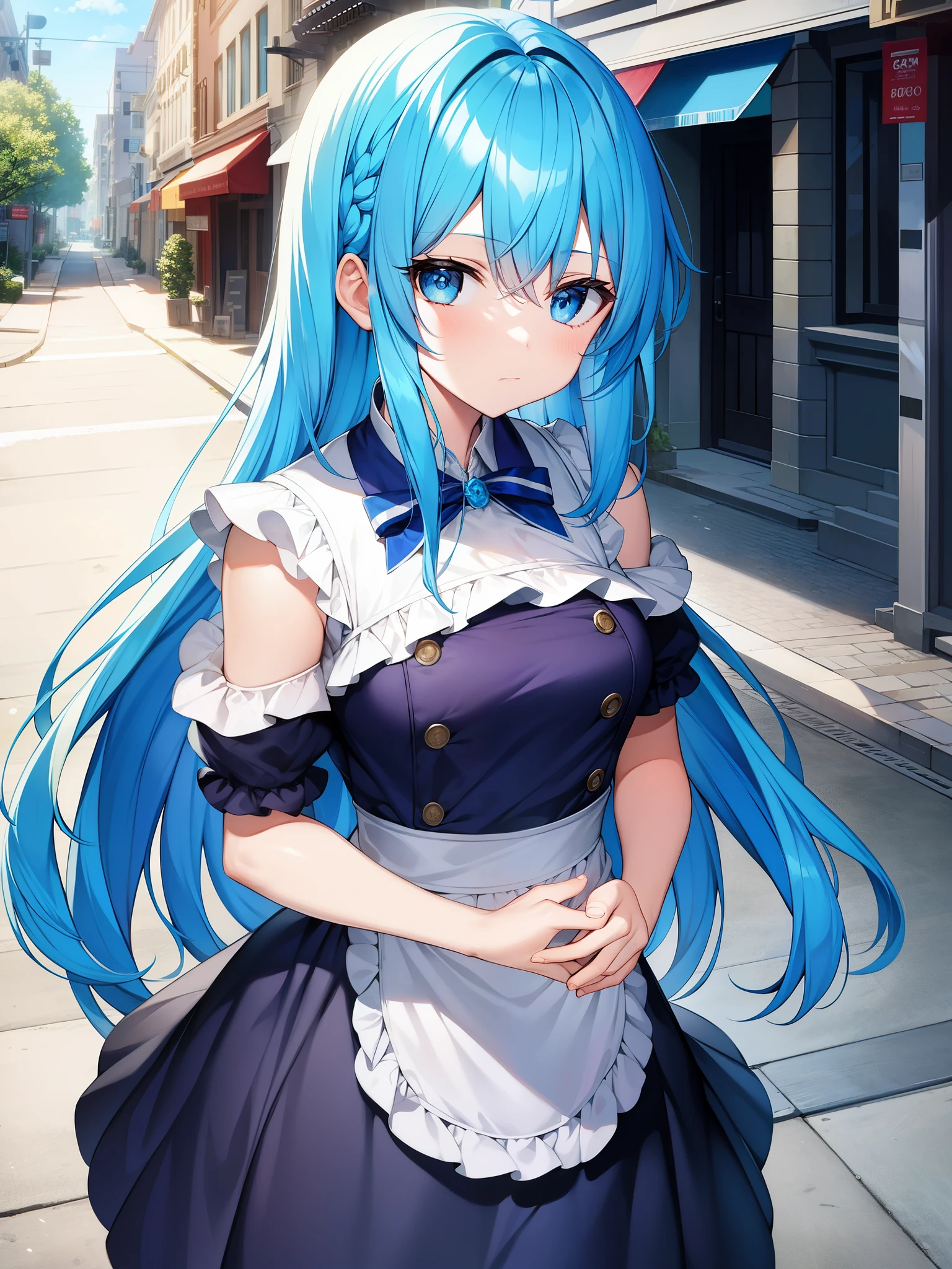 highest quality、masterpiece、blue hair、blue eyes、street、street light、Upper body