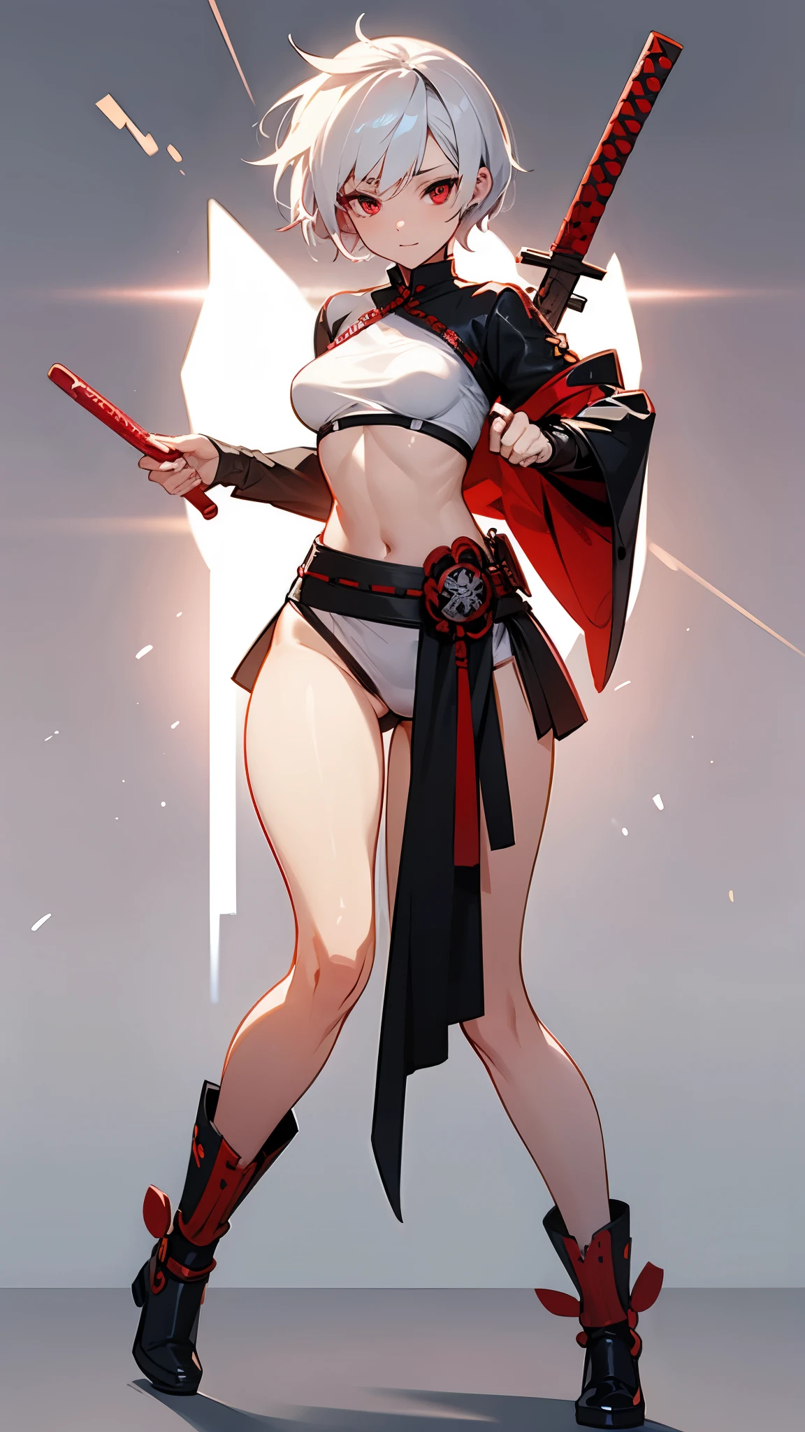 (best-quality:0.8), Girl with short white hair and red eyes, White Samurai design, exposed midriff, clear background. full body shot, full-frame small breasts, sexy, erotic