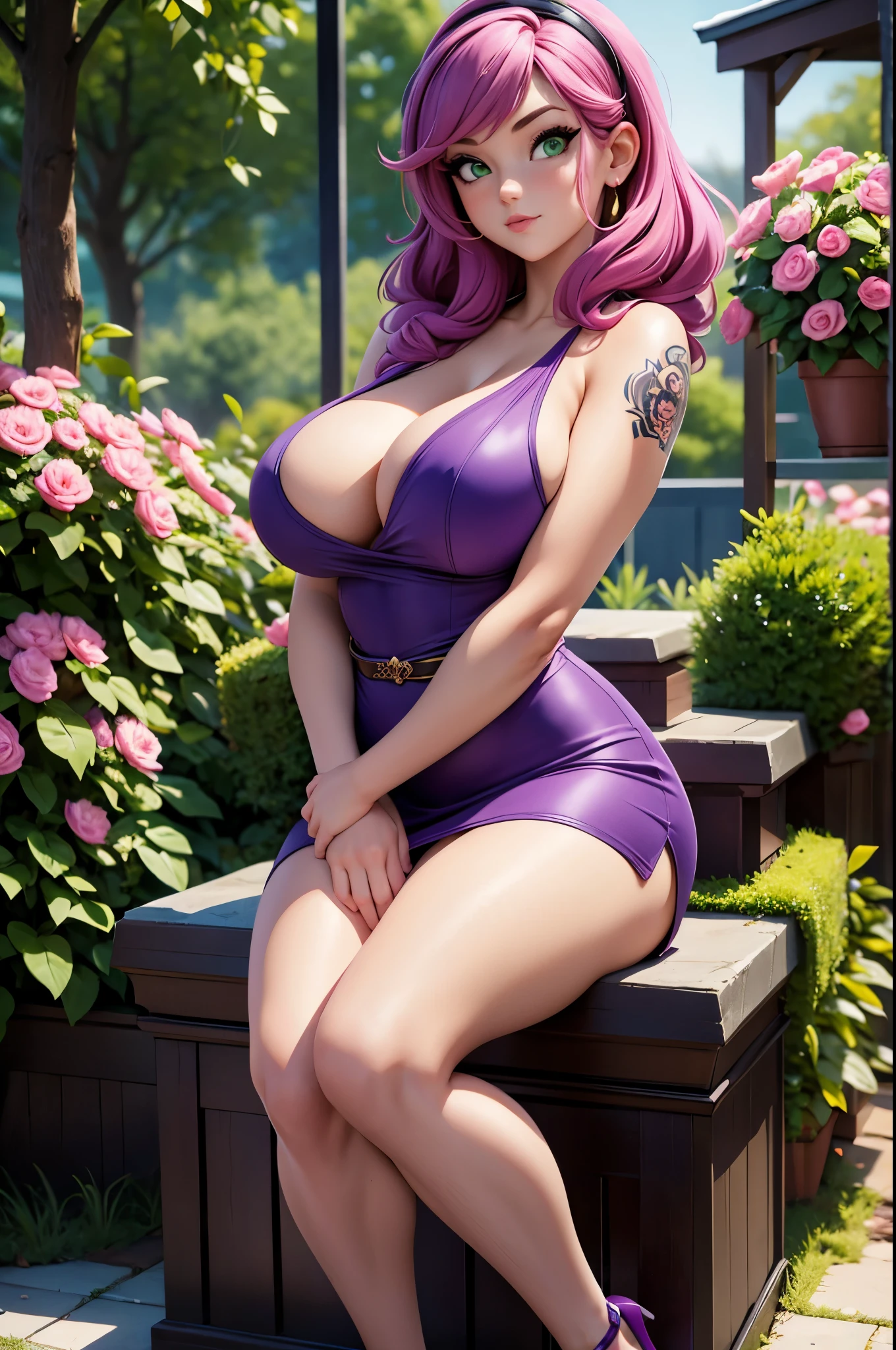 (best quality,highres,ultra-detailed),realistic,portraits,Asian girl,deep green eyes,detailed eyes,lips,tattooed arms,pink hair,elegant purple mini dress,purple shoes,big bust,big bottom. Full body, backgroud garden in the night. She's stand
