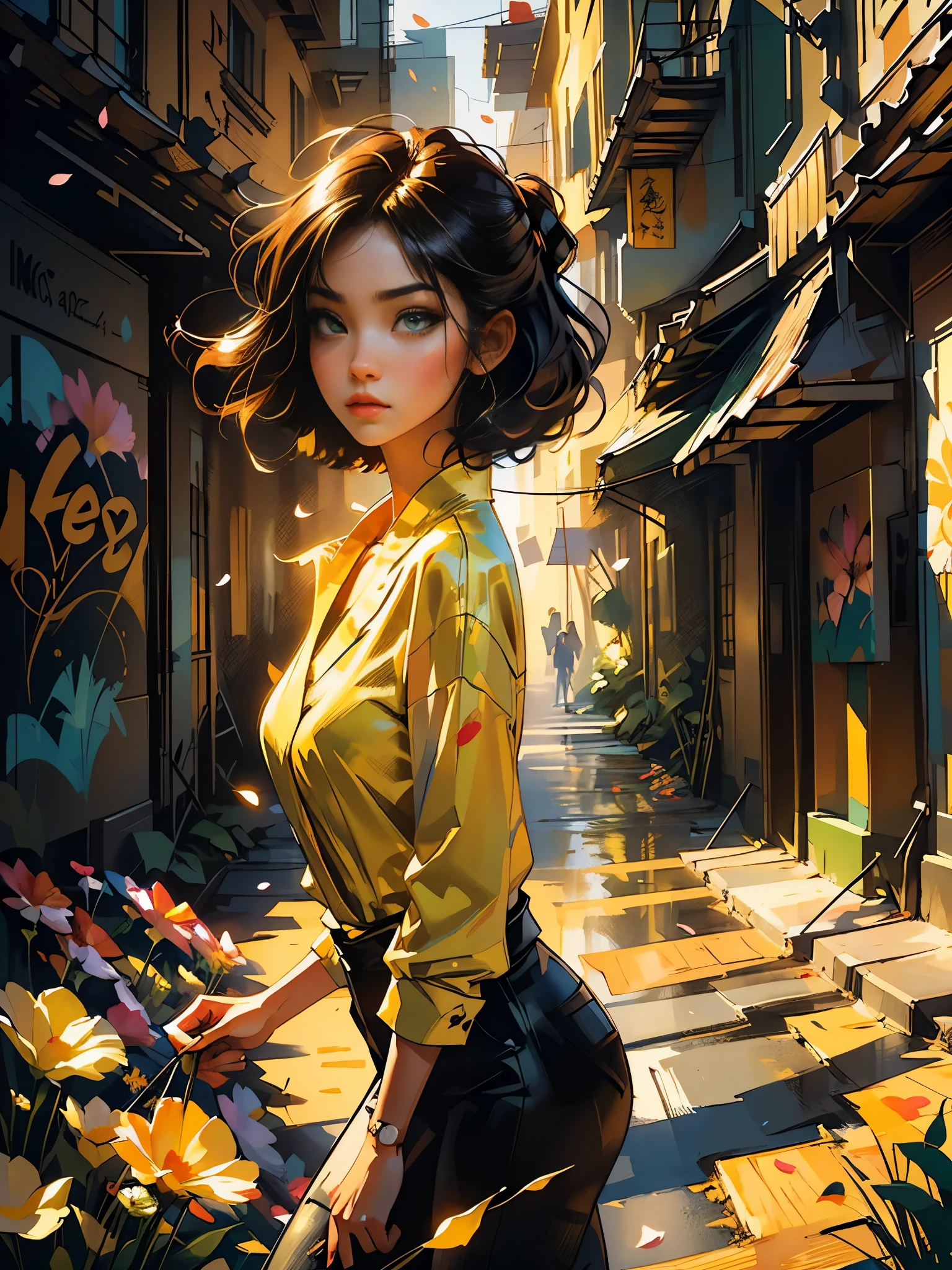 full body photo, digital illustration, comic style, perfect anatomy, centered, approaching perfection, dynamic, highly detailed, watercolor painting, artstation, concept art, smooth, sharp focus, illustration, alone anime girl with a medium length pose, Bruce Lee yellow jumpsuit with black stripes, short pastel hair with hime cut and bangs, perfect anatomy, centered, smeglejonesjj, approaching perfection, dynamic, highly detailed, lightningwave, trending on artstation, 8k, masterpiece, graffiti paint, fine detail, full of color, intricate detail, golden ratio illustration, monochromatic green background, masterpiece, high resolution fix, bright amazing lighting, ((solo)), ( detailed eyes and detailed face:1.3), (beautiful and clear background:1.2), (extremely detailed, ultra-detailed, best shadow:1.1), flowers and petals, (extremely fine and beautiful girl:1.1), (perfect details:1.1) fantastic paintings graffiti style, black with straight hair and flowers, black relief around the design, fine detail, expressive, dark contrast, --ar 16:9 --q 2 --s 500 --v 5.1 --style raw --c 100