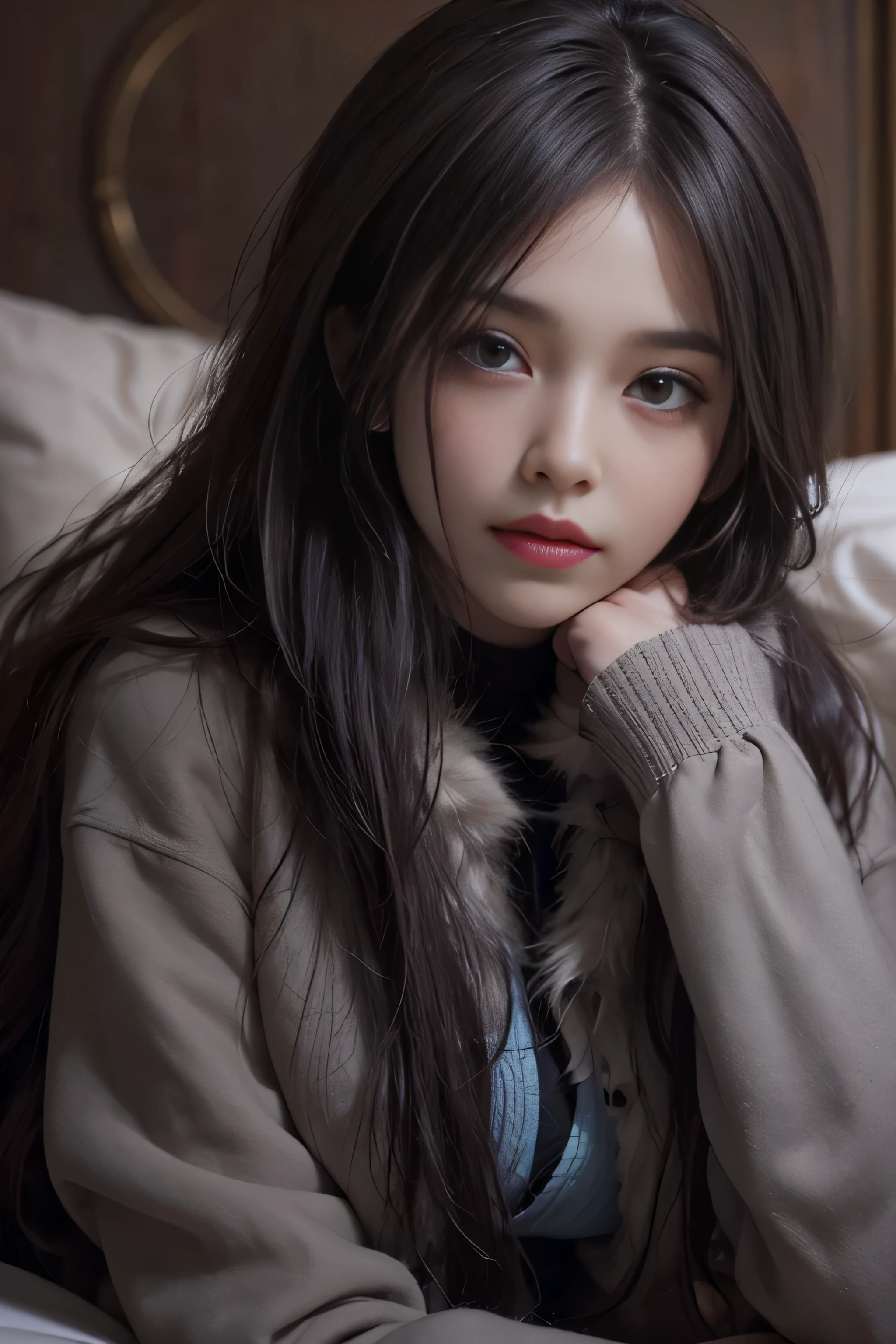 girl portrait photography, realistic, High resolution, 1 female, alone, Upper body, beautiful eyes, close your lips, detailed face, gray hair, long hair, collared shirt, black tie,black skirt, pencil skirt, fur coat, stockings、(woman lying on a fur bed)、Shyness