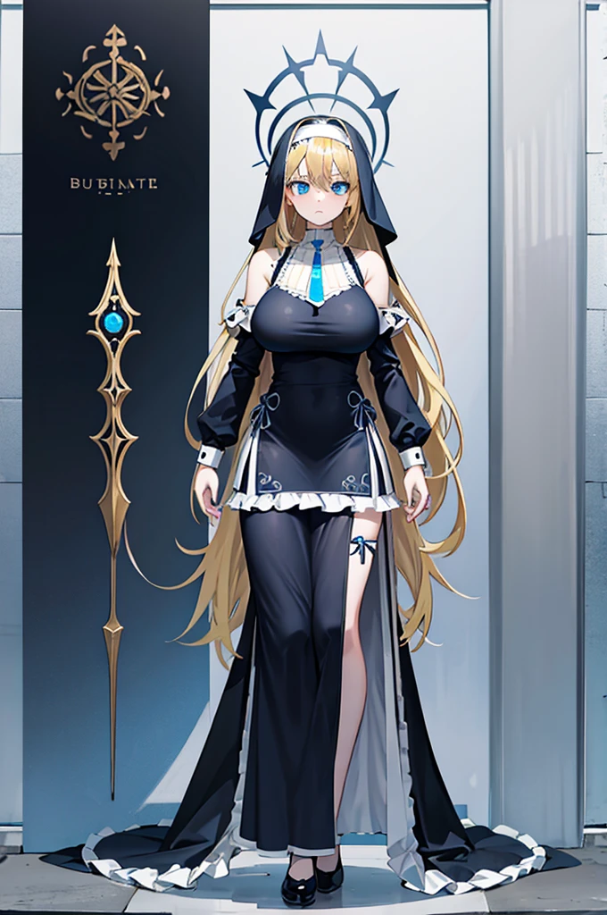 Blue eye,blonde,weak,Shoulder length hair,ta style,stand,huge breasts,nun,Full body diagram