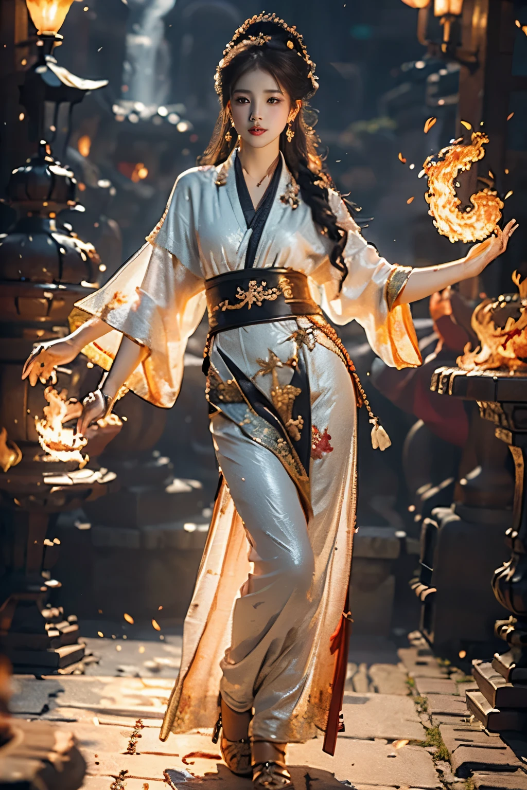 Best quality,masterpiece,ultra high res,(photorealistic:1.4)1girl,beautiful_face,detailed skin,full body,yuhuoshu,jewelry,solo,earrings,(fire:1.3),blurry,realistic,lips,