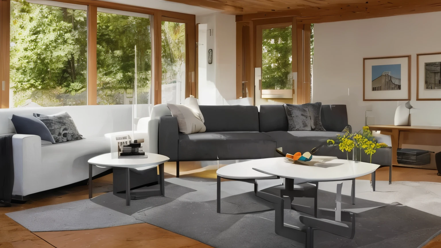 wabisabi livingroom interior, sofa, armchair, table, rug, wood floor, drapes, window, blind, white flat ceiling, stucco wall,natural light, softlight, (flat white ceiling),((masterpiece)), realistic, high quality, sunray,