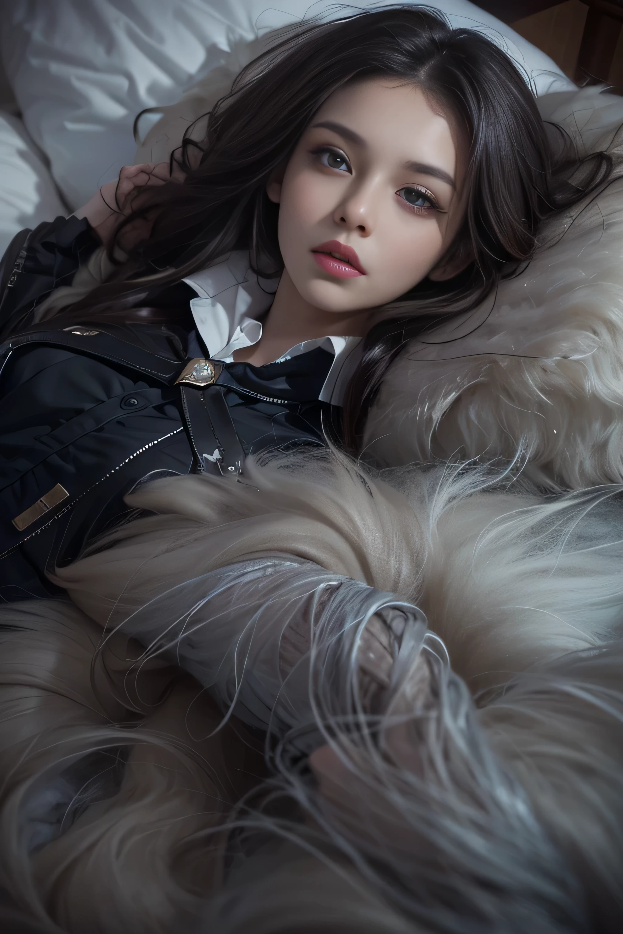 girl portrait photography, realistic, High resolution, 1 female, alone, Upper body, beautiful eyes, close your lips, detailed face, gray hair, long hair, collared shirt, black tie,black skirt, pencil skirt, fur coat, stockings、(woman lying on a fur bed)、Shyness