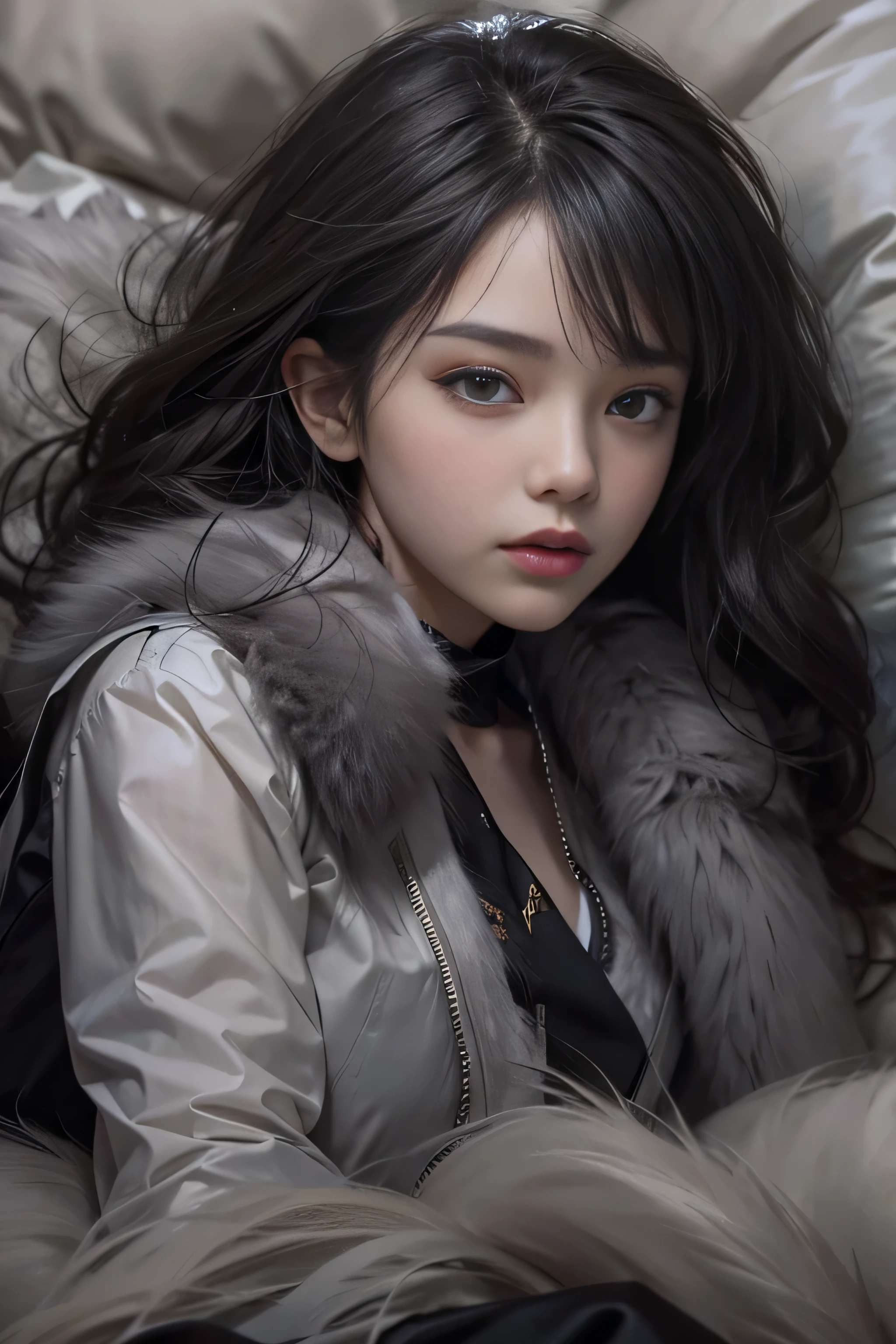 Portrait photo of a girl, Photorealistic, High resolution, 1 Women, Solo, waist-up, Beautiful eyes, Close lips, Detailed face, White hair, Long hair, (off-shoulder collarless white shirt), black necktie,black i skirt, pencil skirts, Fur coat, Stockings、(woman lying on a fur bed）、Shyness