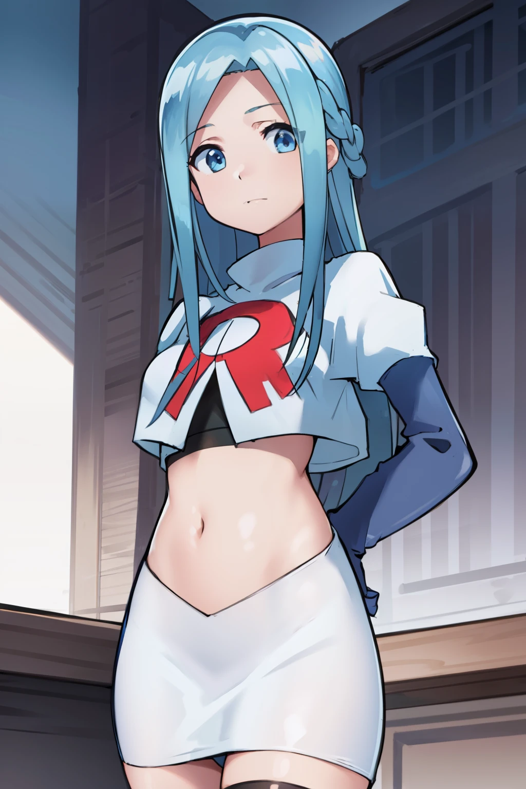 masterpiece, best quality, 1girl, solo, looking at viewer, , depth of field, (watercolor illustration, soft pastel colors:1.1), , olivia_servant, blue hair, blue eyes, team rocket,team rocket uniform,white skirt,red letter R,crop top,black thigh-highs,black elbow gloves,