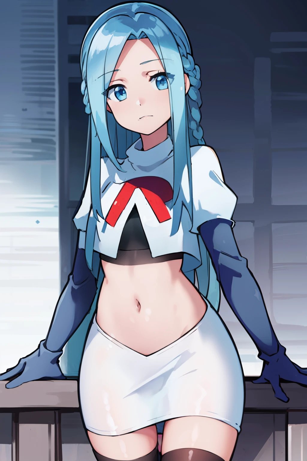 masterpiece, best quality, 1girl, solo, looking at viewer, , depth of field, (watercolor illustration, soft pastel colors:1.1), , olivia_servant, blue hair, blue eyes, team rocket,team rocket uniform,white skirt,red letter R,crop top,black thigh-highs,black elbow gloves,