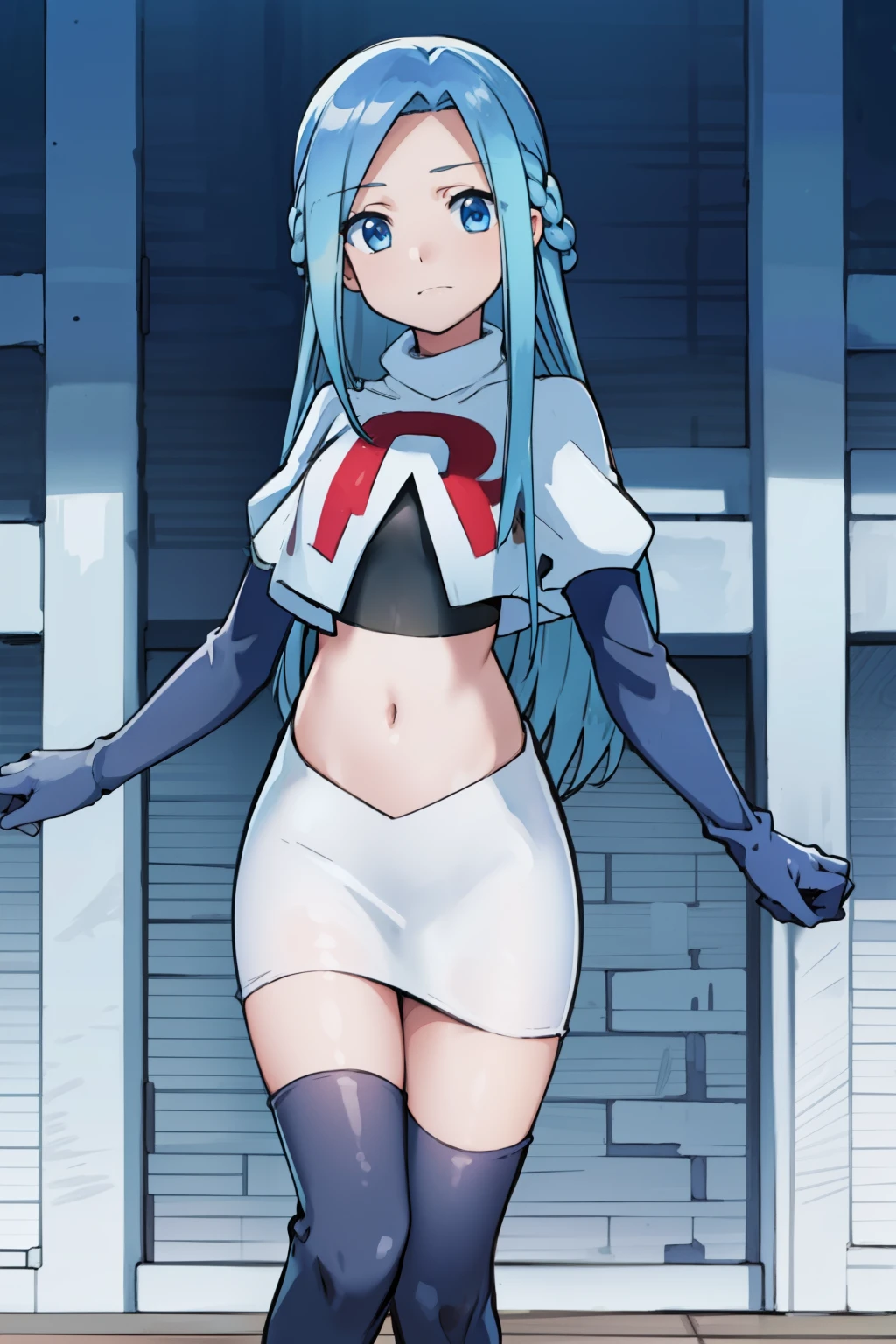 masterpiece, best quality, 1girl, solo, looking at viewer, , depth of field, (watercolor illustration, soft pastel colors:1.1), , olivia_servant, blue hair, blue eyes, team rocket,team rocket uniform,white skirt,red letter R,crop top,black thigh-highs,black elbow gloves,